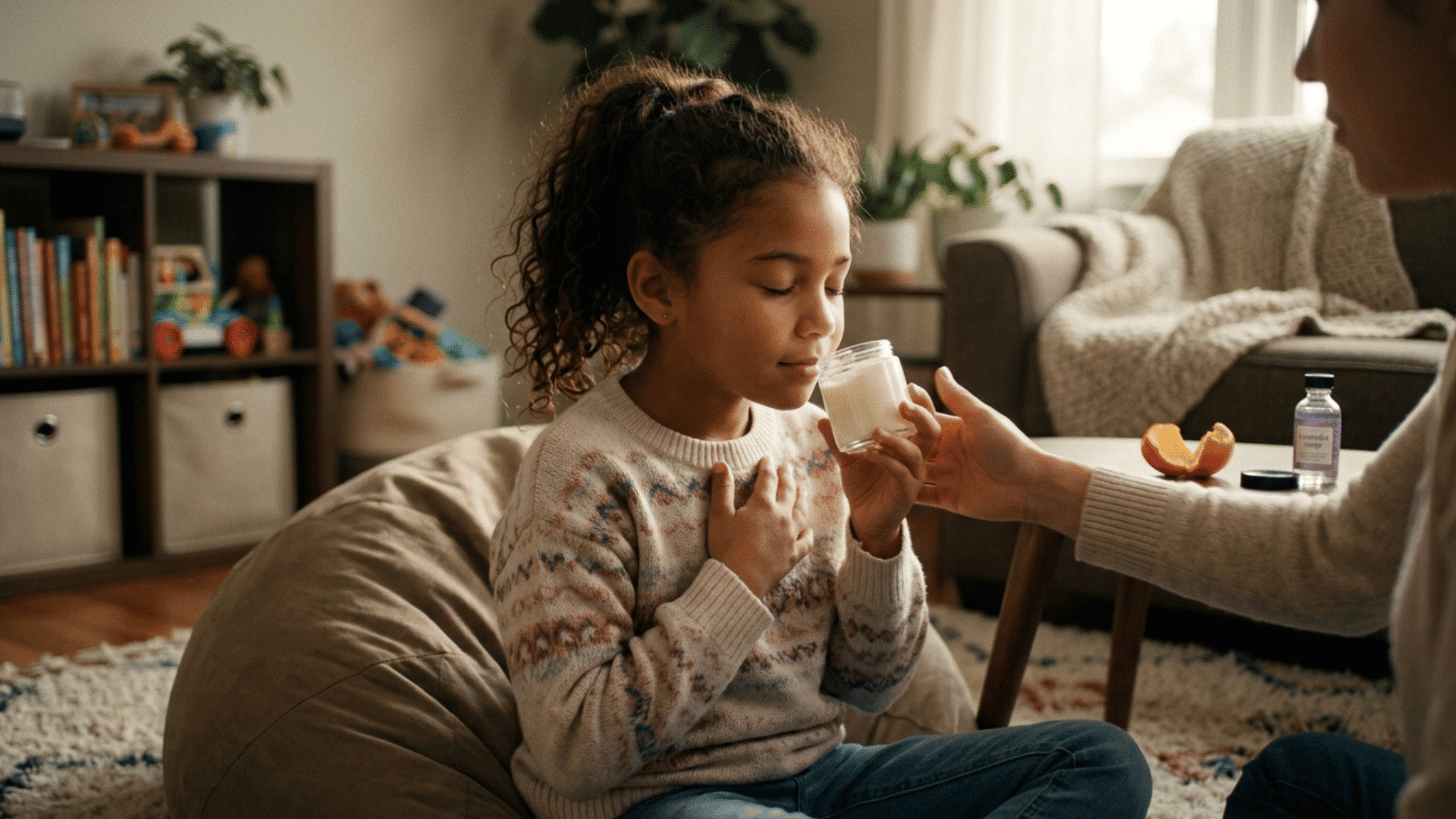 child smelling favorite scent for calming grounding technique.