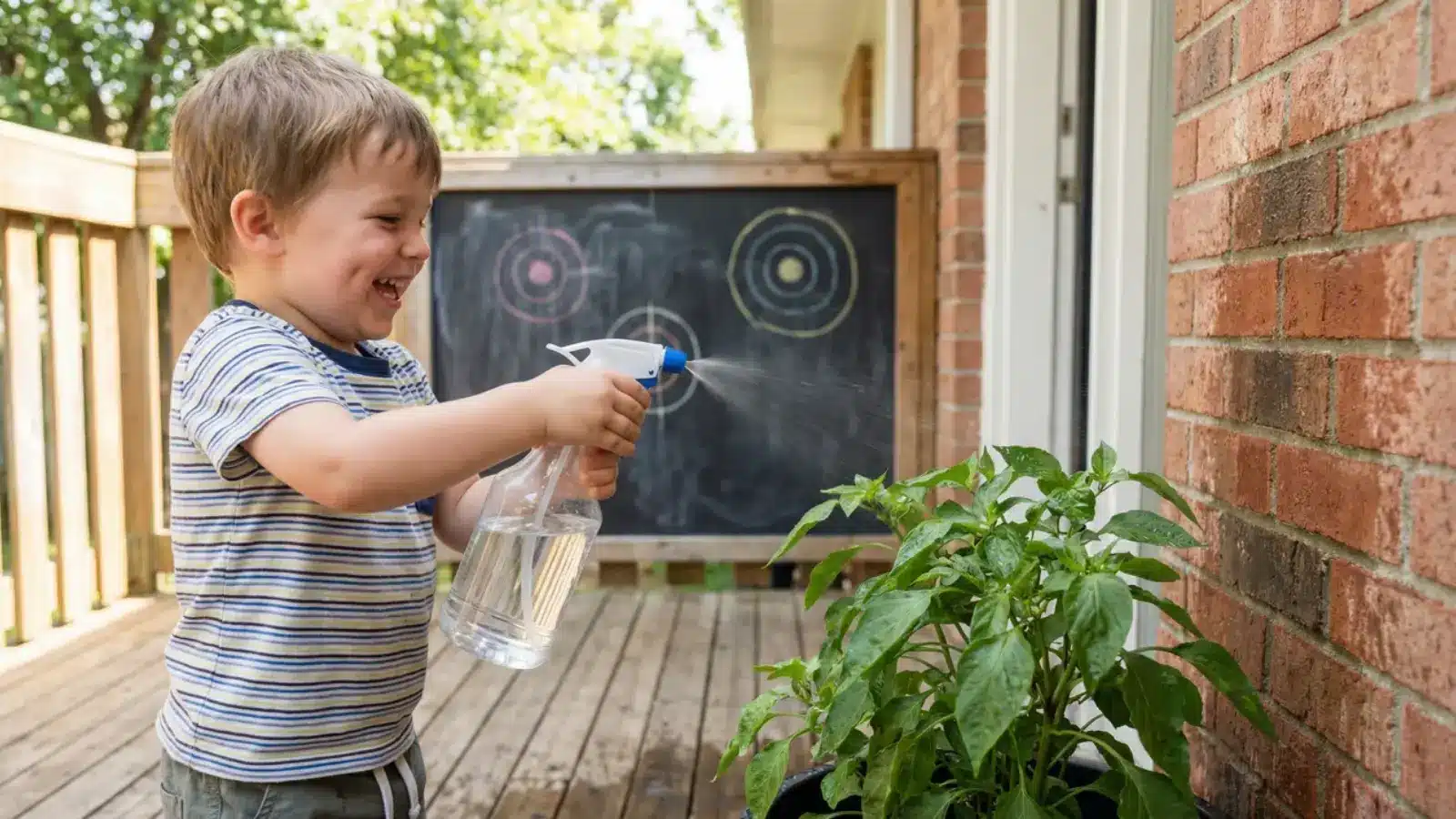 Child using a spray bottle to mist water onto a potted plant outdoors