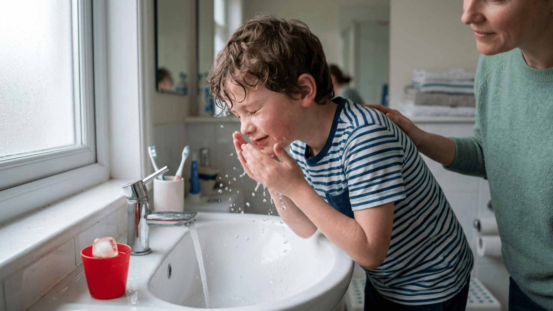 child using cold water grounding technique with caregiver support. (1)