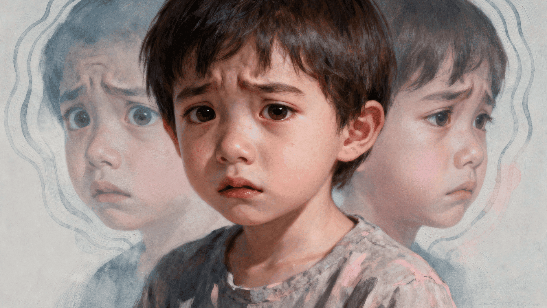 child with anxious expression shown with blurred duplicate faces, representing confusion, fear, or emotional struggle