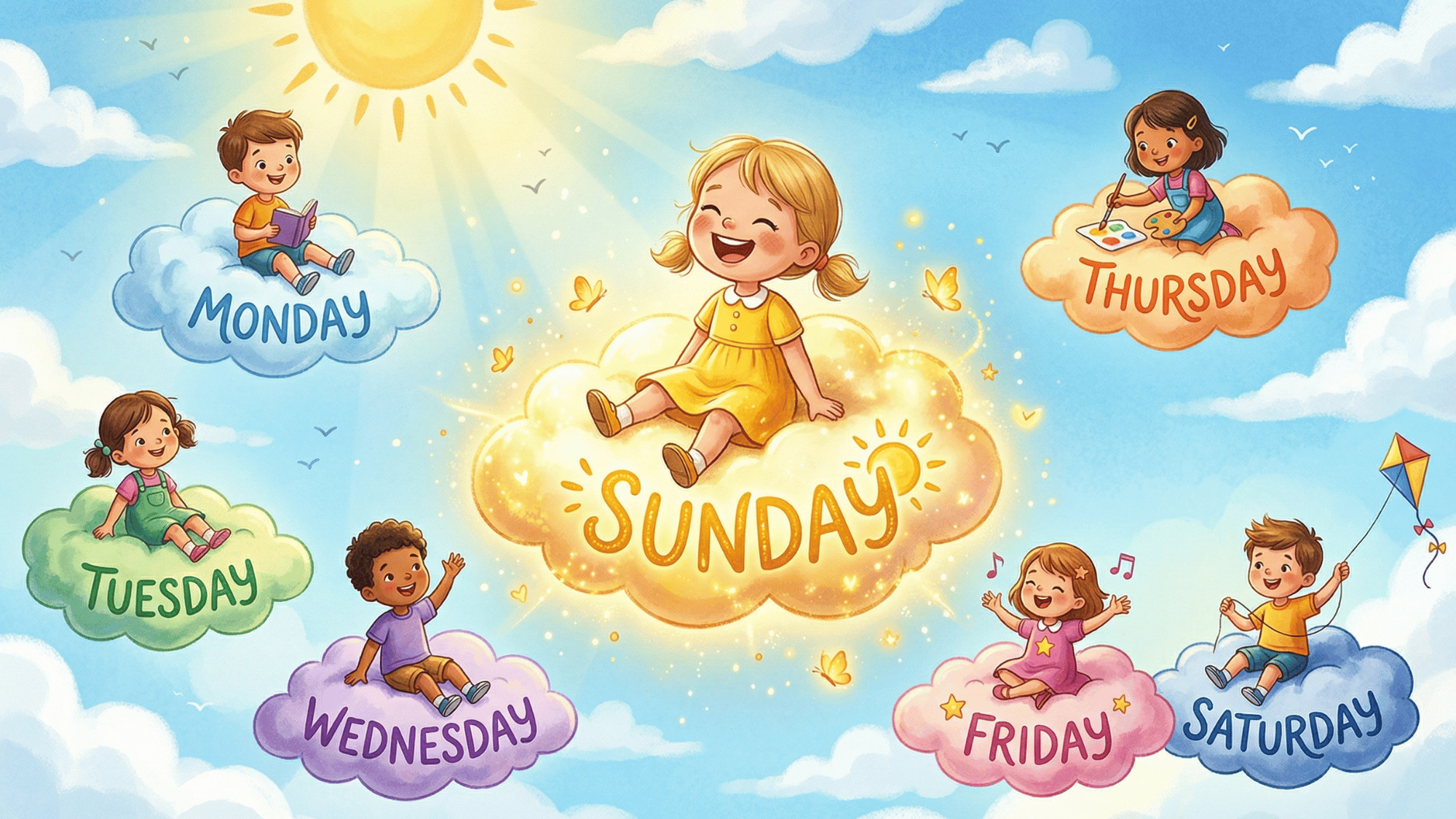 children floating on clouds, each cloud labeled with a day, Sunday child on a golden glowing cloud with sunshine