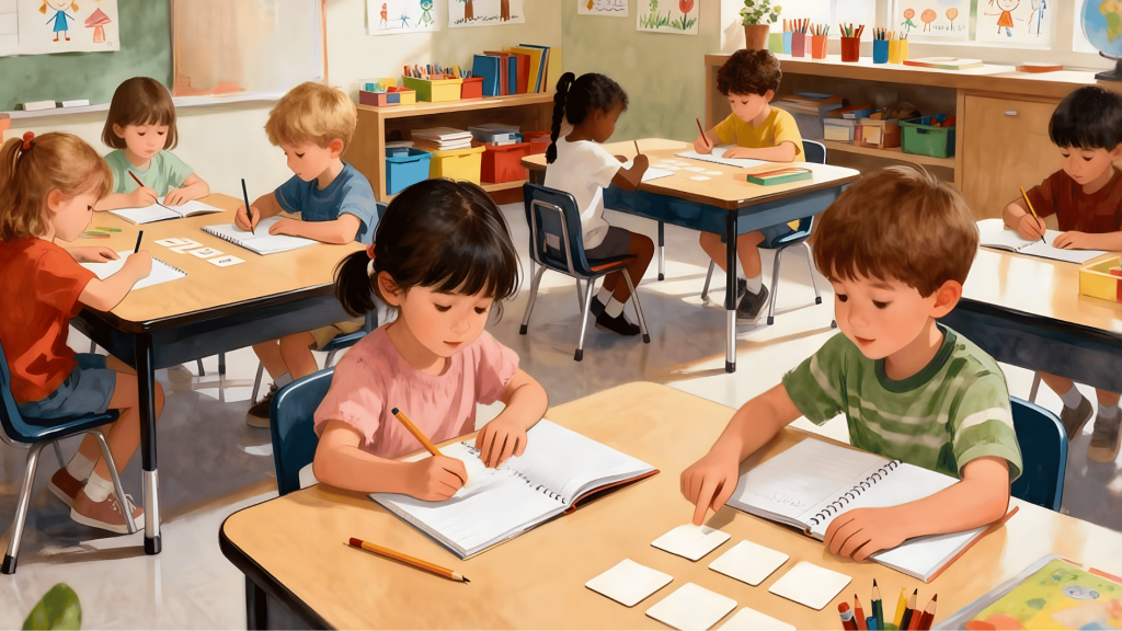 classroom scene with children practicing writing and phonics using flashcards and notebooks in bright learning environment