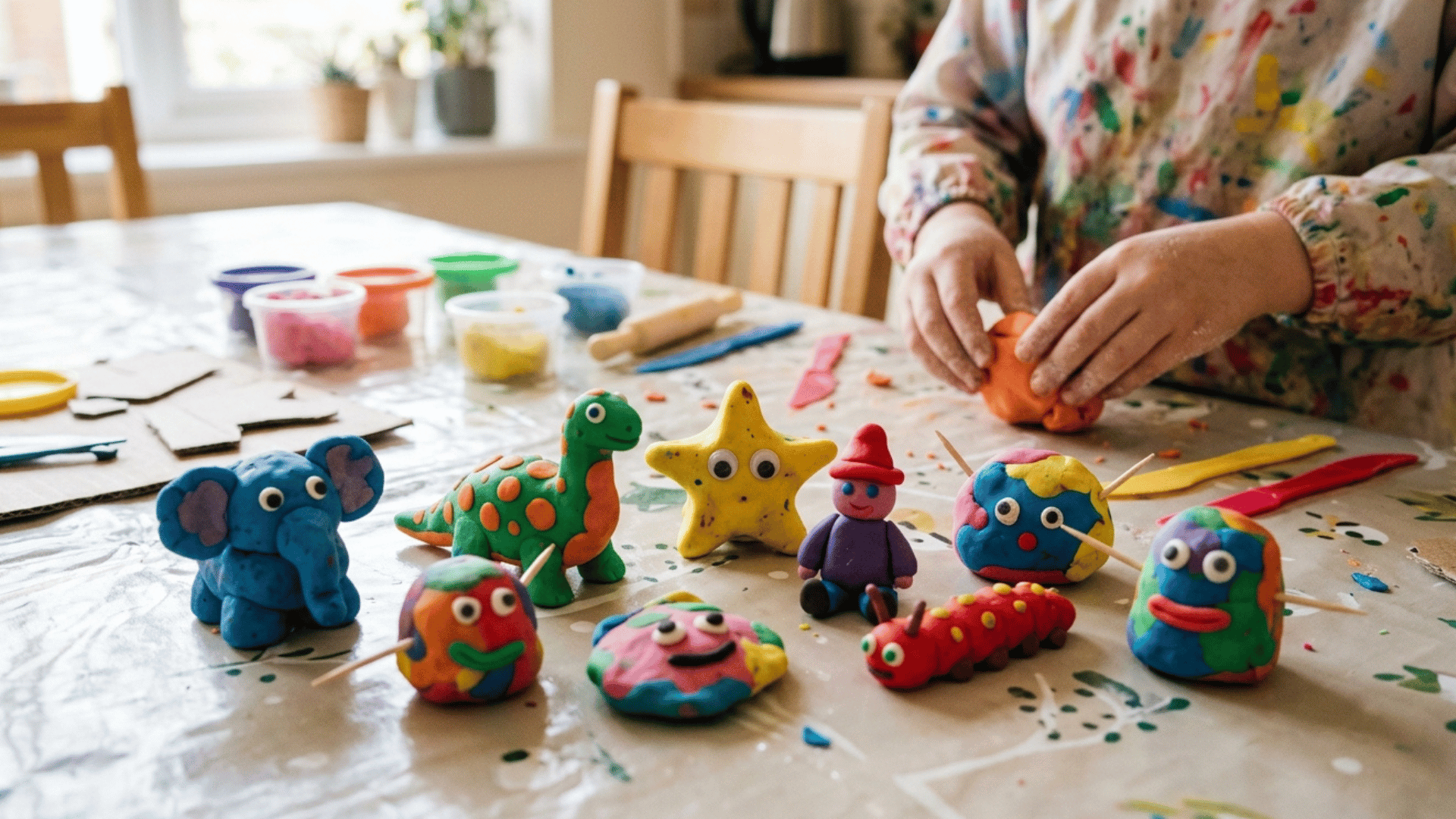 clay mini figures of animals and shapes created by kids on table.