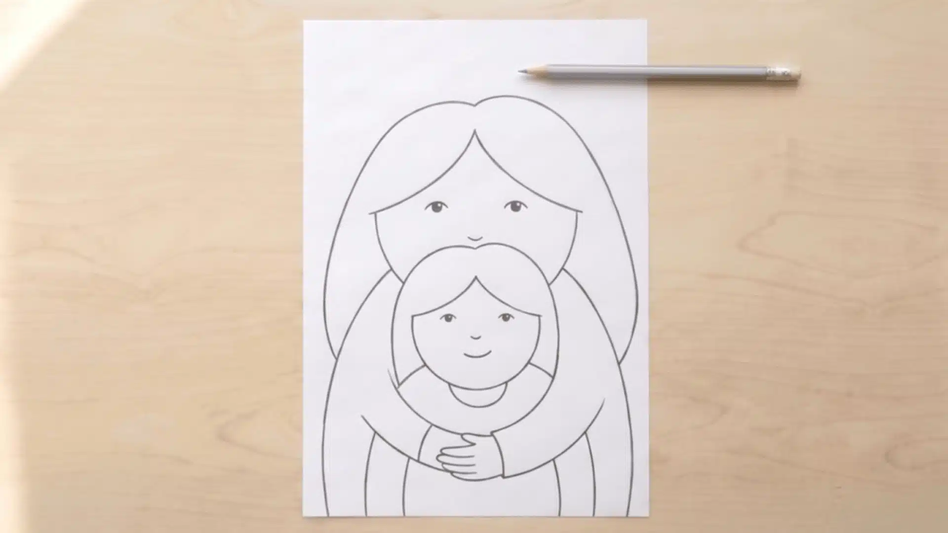 Clean outlined drawing of mother and child hug without guidelines