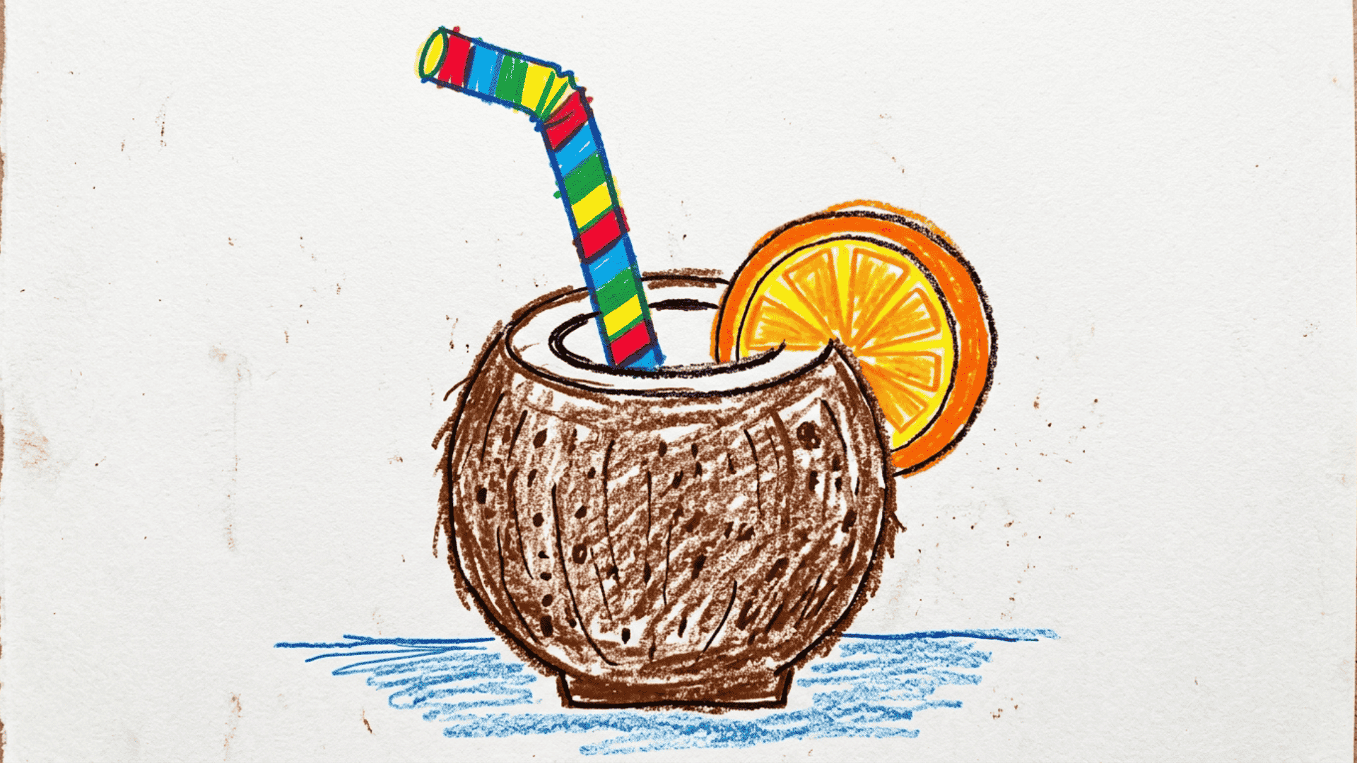 coconut drink kids drawing with round shell bold striped straw and bright fruit slice garnish painted on a white canvas for summer art