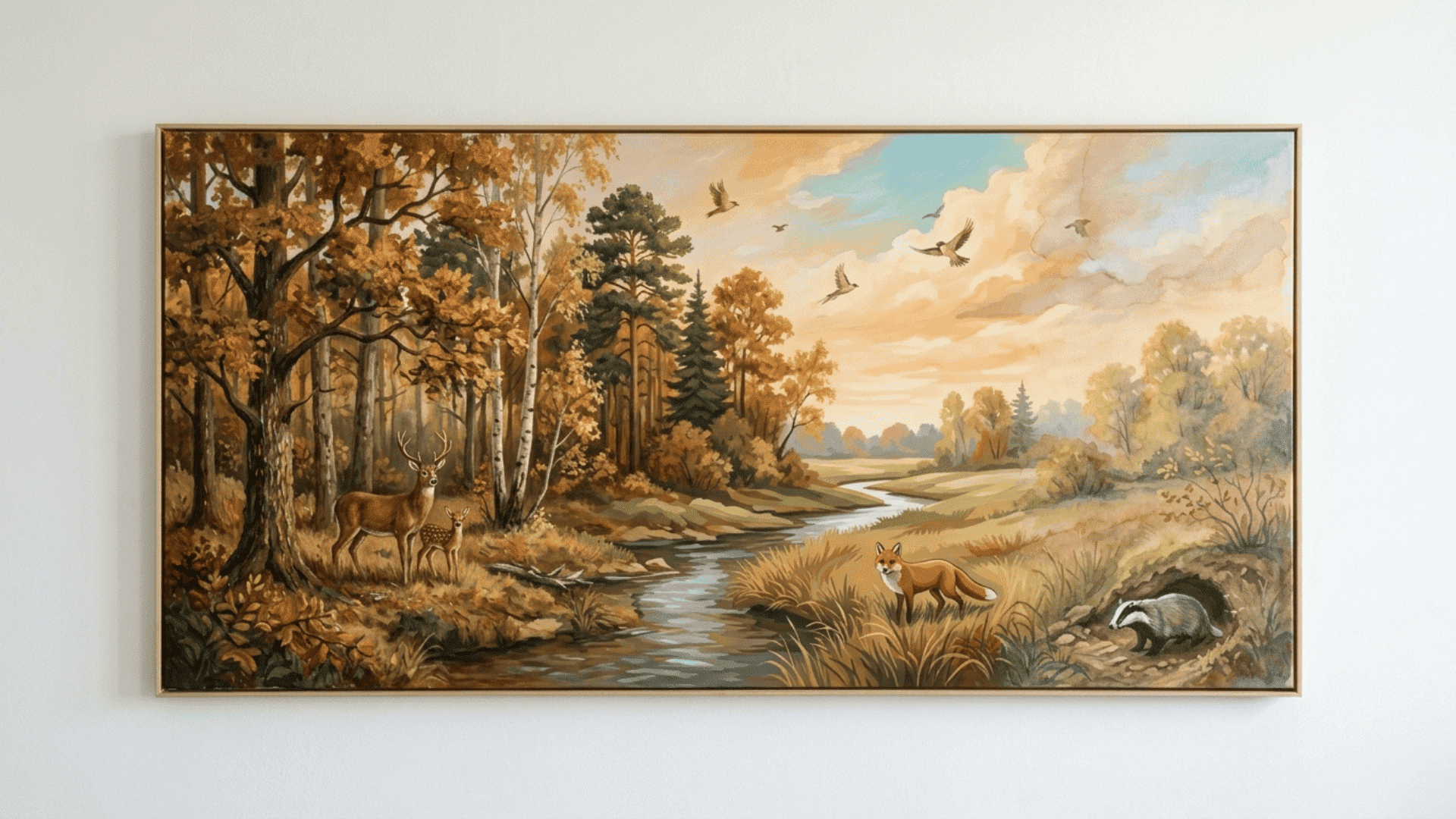 collaborative classroom mural on a front facing canvas with unified nature theme showing trees animals and sky
