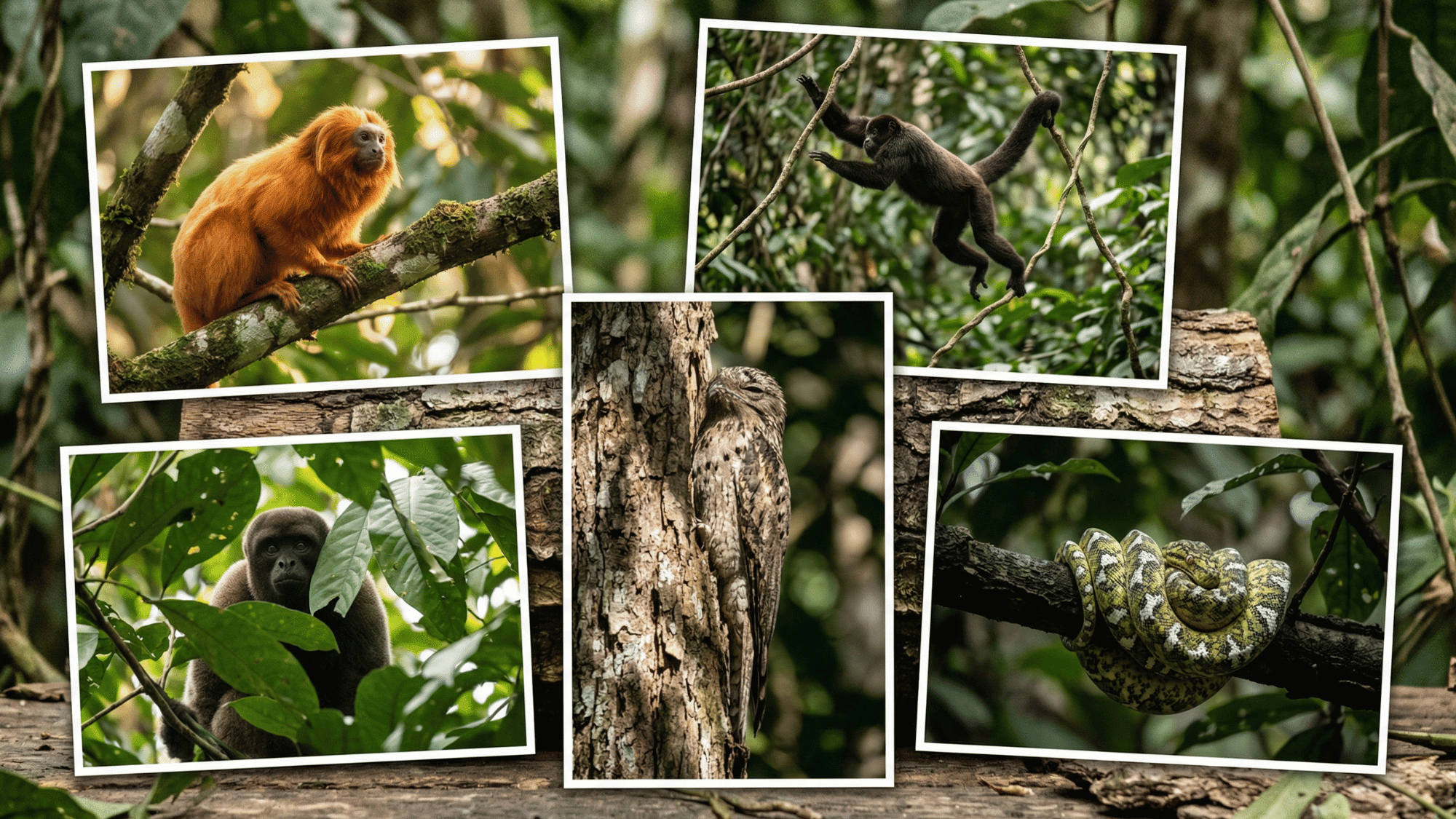 collage of Amazon canopy animals featuring golden lion tamarin, saki monkey, woolly monkey, potoo bird, and Amazon tree boa in treetops