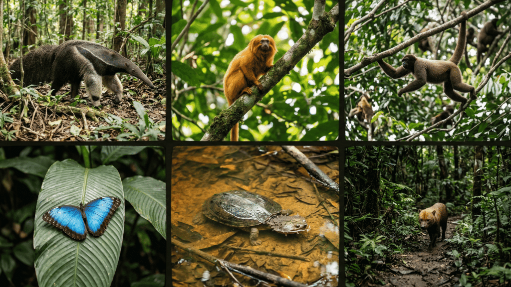 collage of Amazon rainforest animals including giant anteater, golden lion tamarin, woolly monkey, blue morpho butterfly, matamata turtle, and bush dog in natural habitat