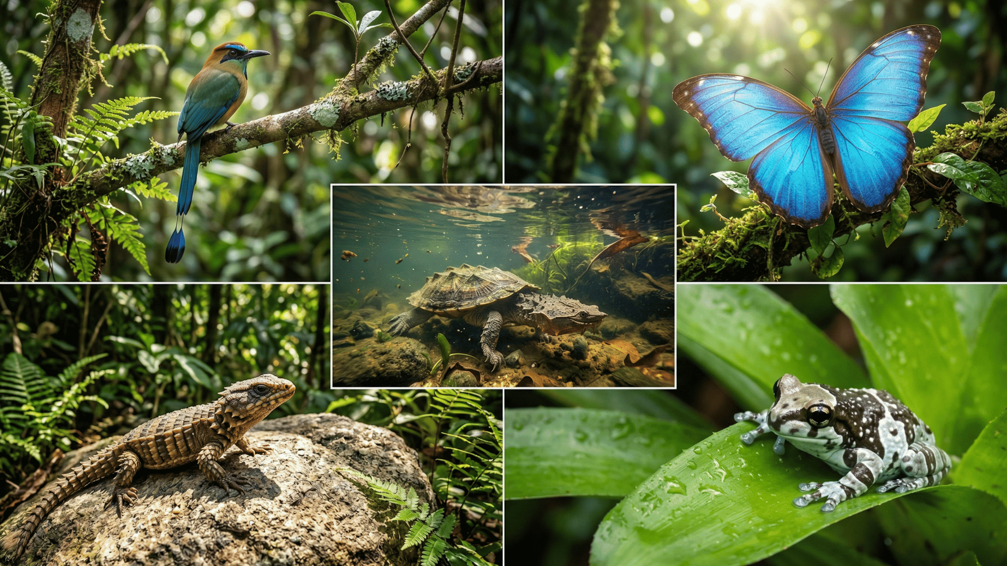 collage of Amazon wildlife including Amazonian motmot, blue morpho butterfly, matamata turtle, armadillo lizard, and Amazon milk frog