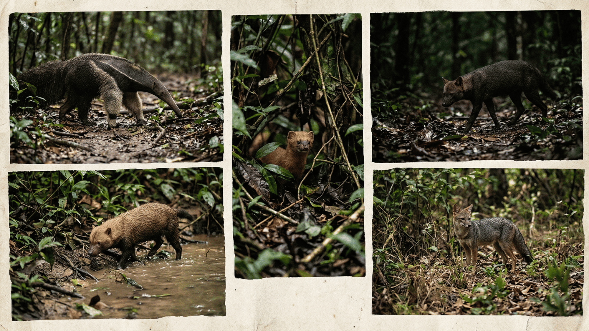 collage of amazon forest floor animals including giant anteater, bush dog, Amazon weasel, short-eared dog, and hoary fox in dense rainforest