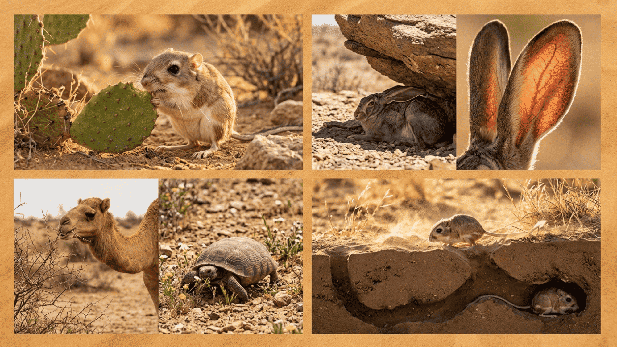 collage of desert animals including rodents, rabbit, camel, and tortoise showing adaptations