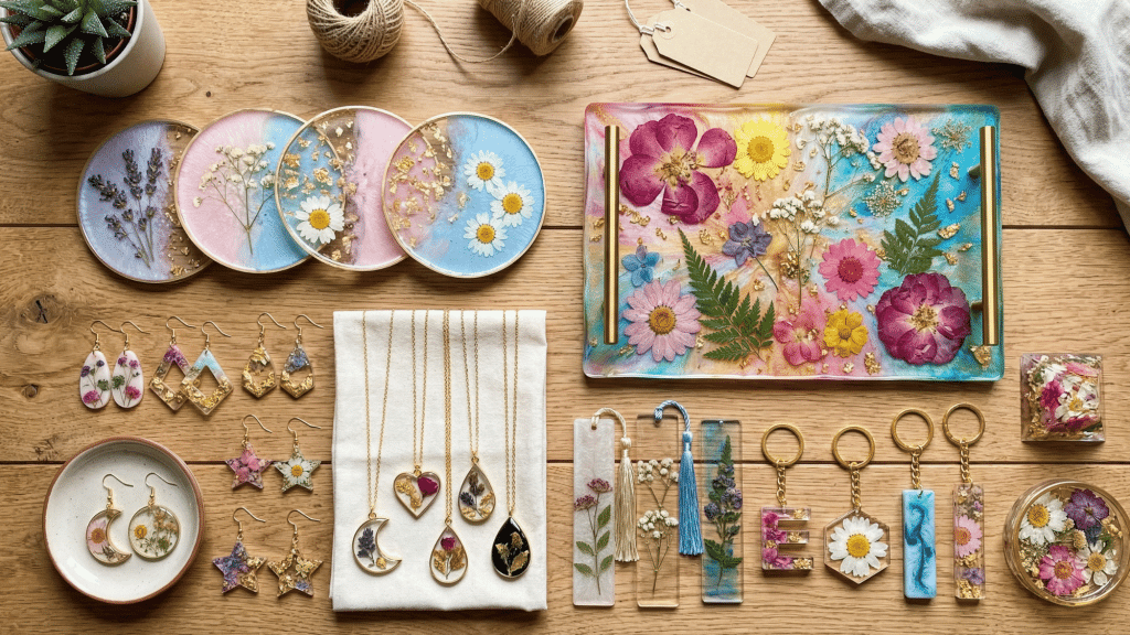 collage of resin craft ideas arranged on a clean wooden table