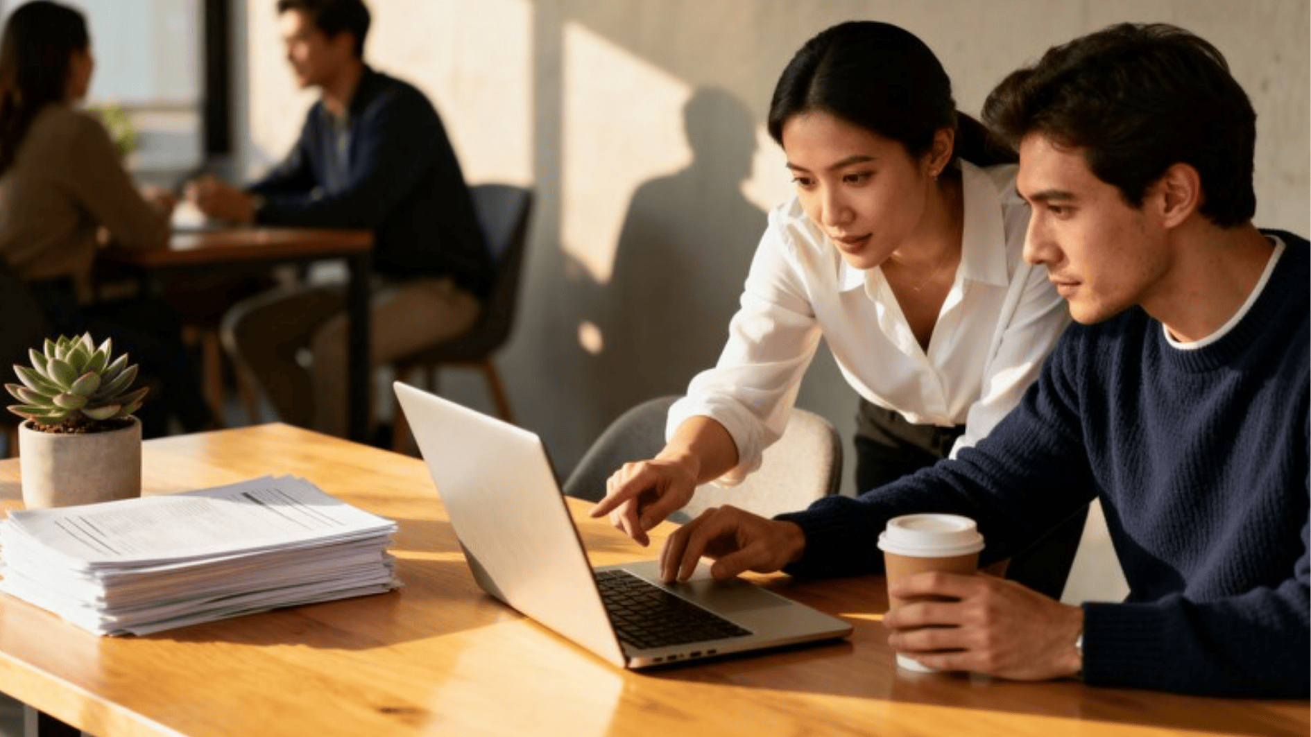 colleagues working together on a laptop at a desk with documents and coffee, showing teamwork and collaboration in office setting
