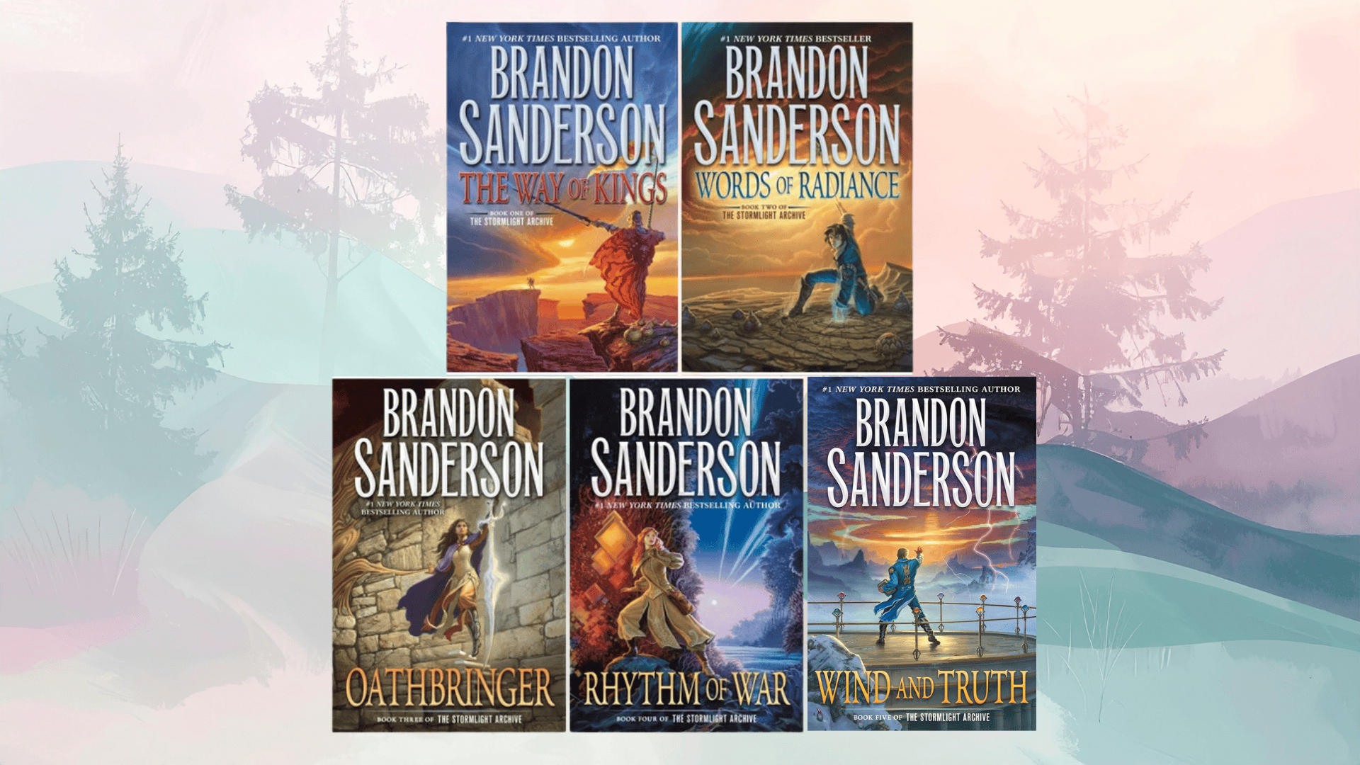 collection of fantasy series books arranged together, featuring bold cover designs with magical symbols and adventure themes