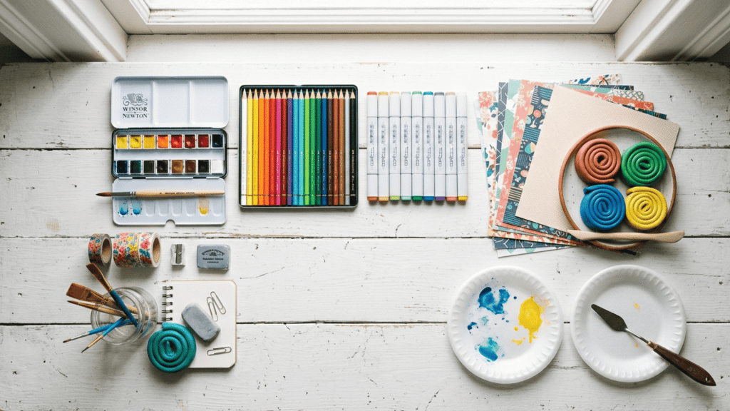 colorful art supplies laid out on a white desk including paints markers and pencils for middle school art projects