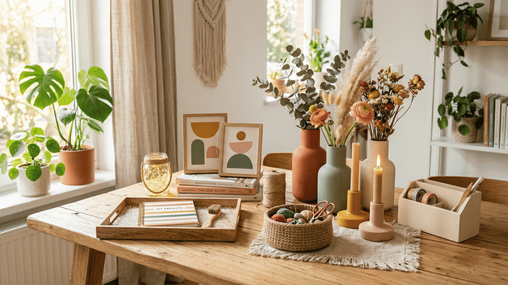 colorful diy home decor collage with vases, wall art, candles, baskets and trays arranged on a wooden table in bright light