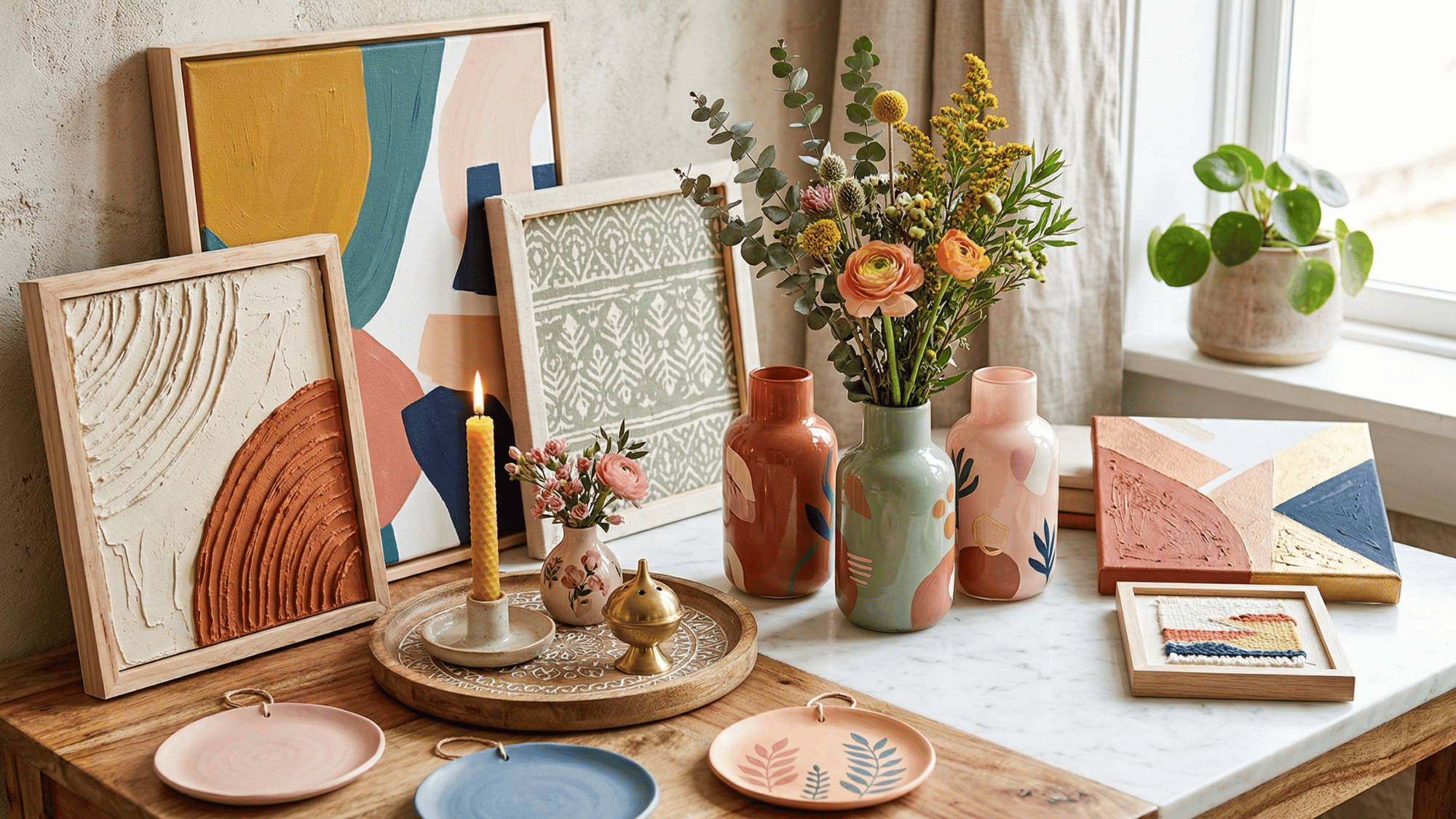 colorful diy home decor collage with vases, wall art, trays, clay plates, and fabric frames on aesthetic background