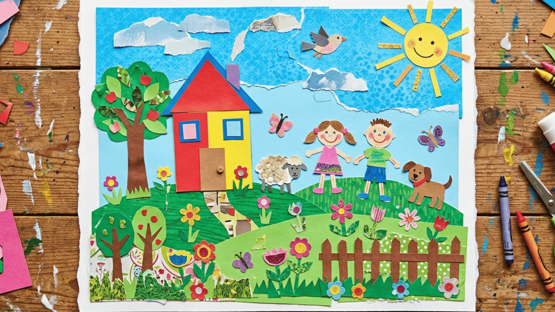 colorful kids paper collage art with house, trees, sun, and family scene on a craft table.