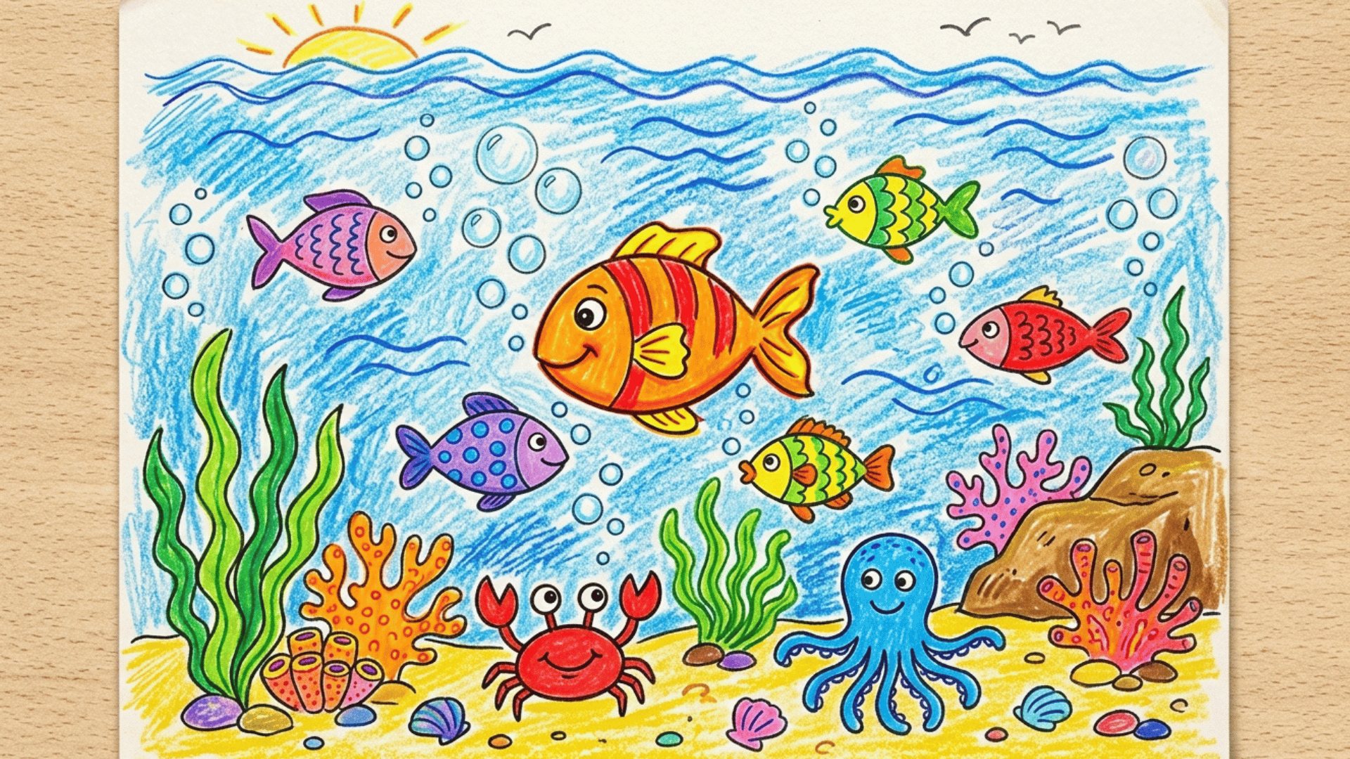 colorful underwater ocean scene drawing with fish and sea plants.