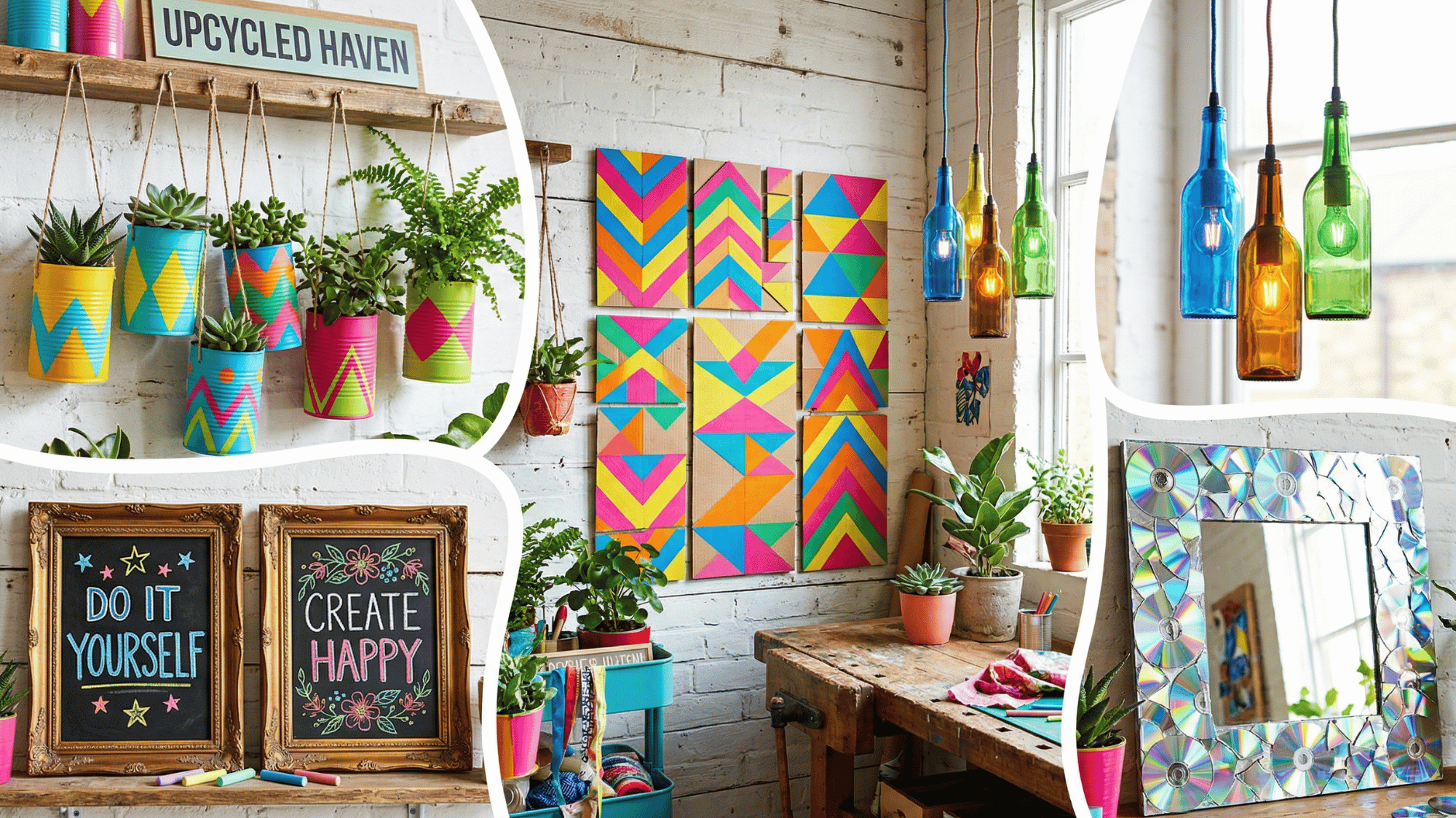 colorful upcycled diy decor collage with tin planters, chalkboard frames, bottle lights and mosaic mirrors