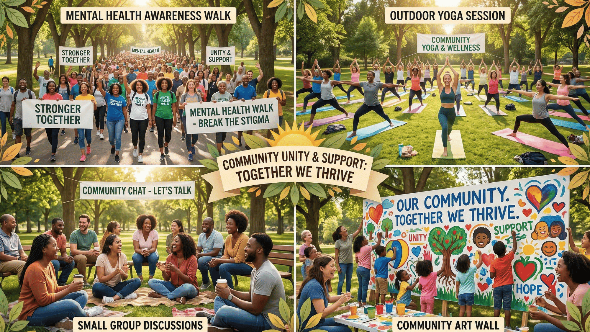 community mental health activities with group walk, outdoor yoga, and awareness events