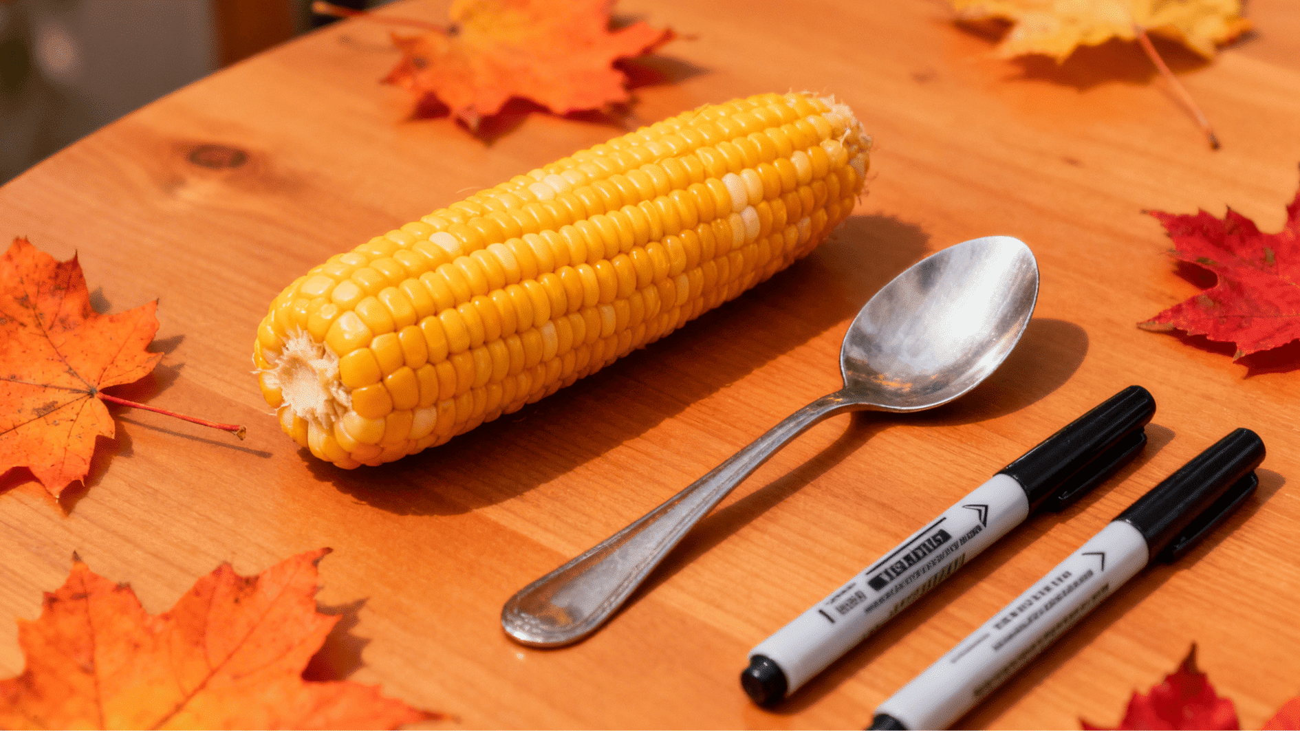 corn, spoon, and markers on wooden table with leaves, representing a thanksgiving-themed relay or balance game