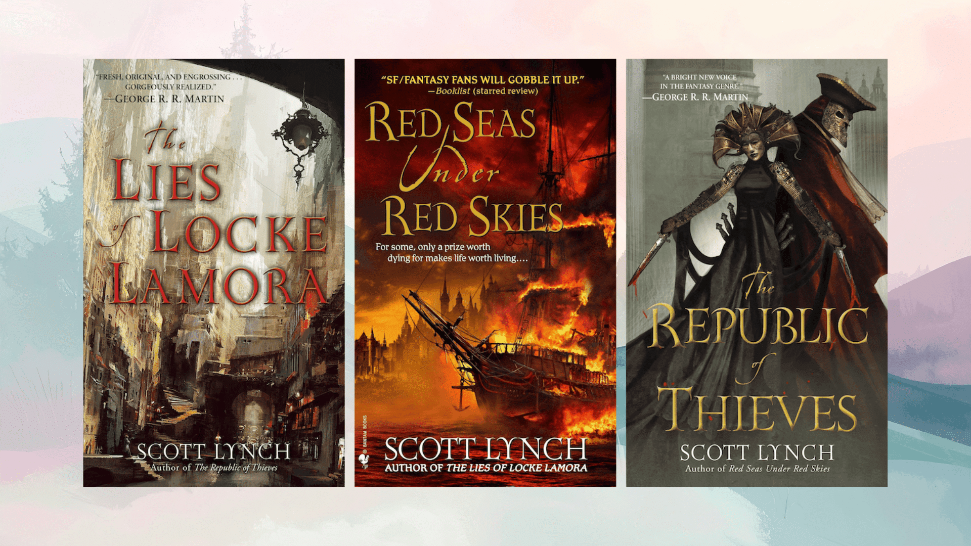 covers of gentleman bastard trilogy by scott lynch featuring ornate cityscapes, ships, and masked figures