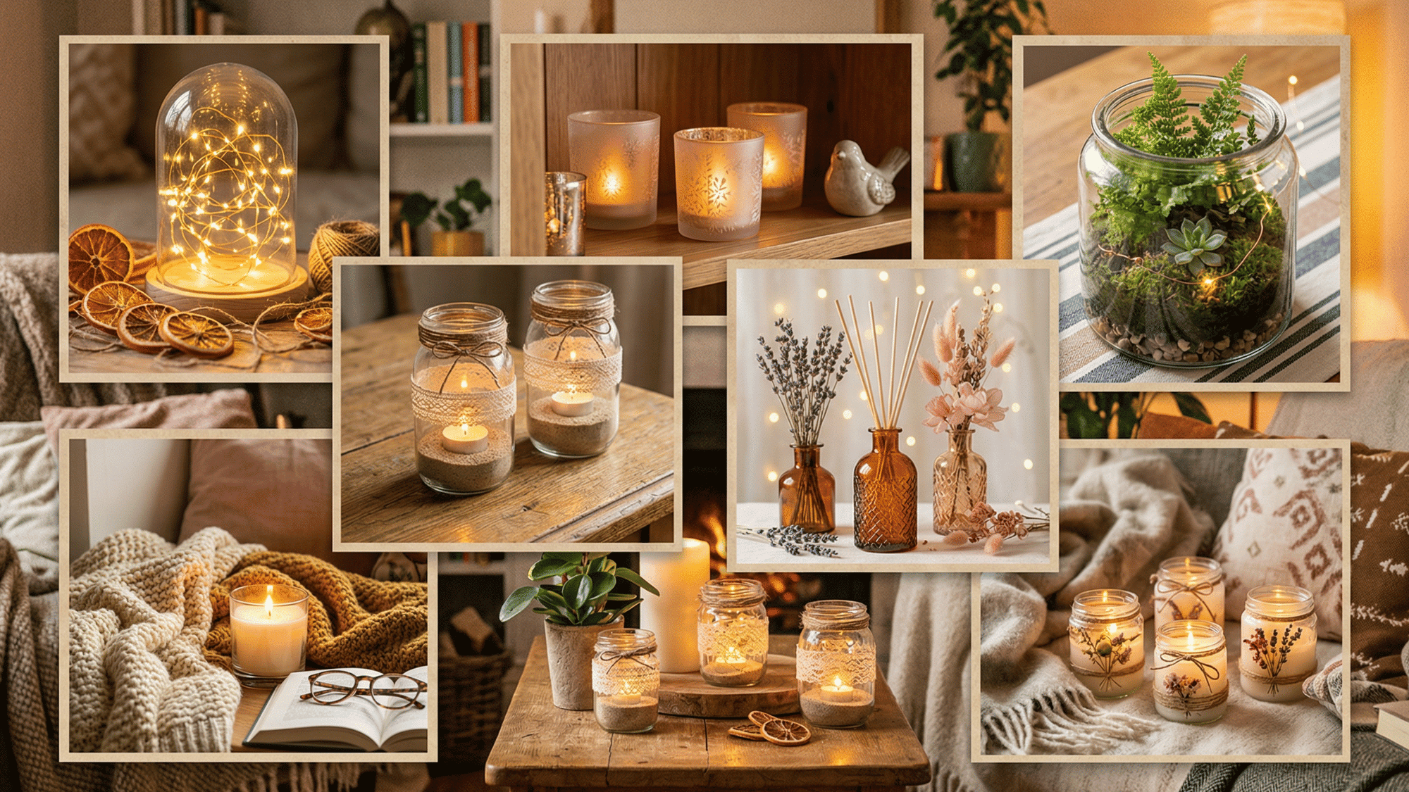 cozy diy decor collage with candle holders, fairy lights, lantern jars, diffusers and terrariums in warm lighting