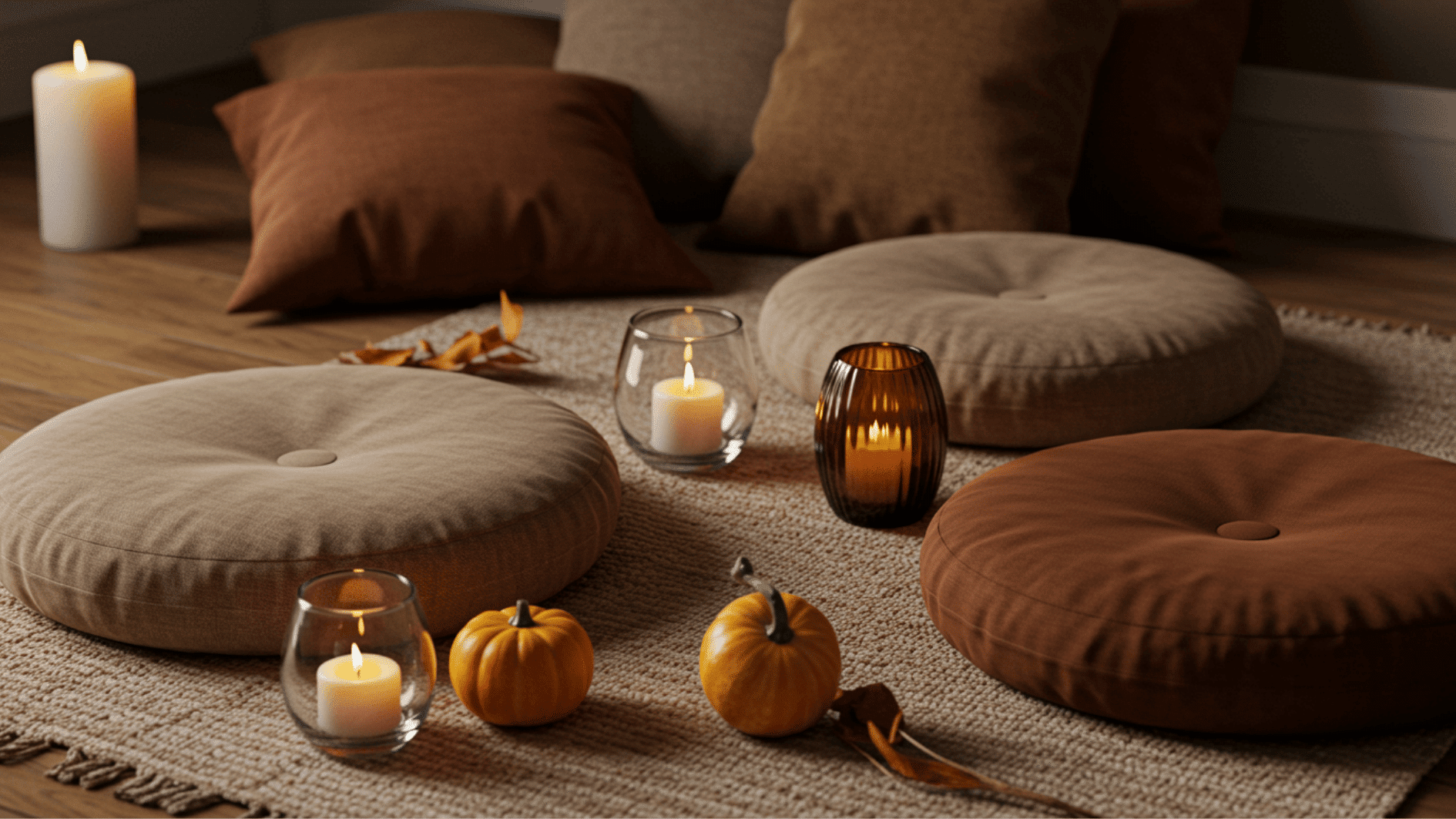 cozy floor seating with cushions, candles, pumpkins, and soft lighting, perfect for a relaxed thanksgiving gathering