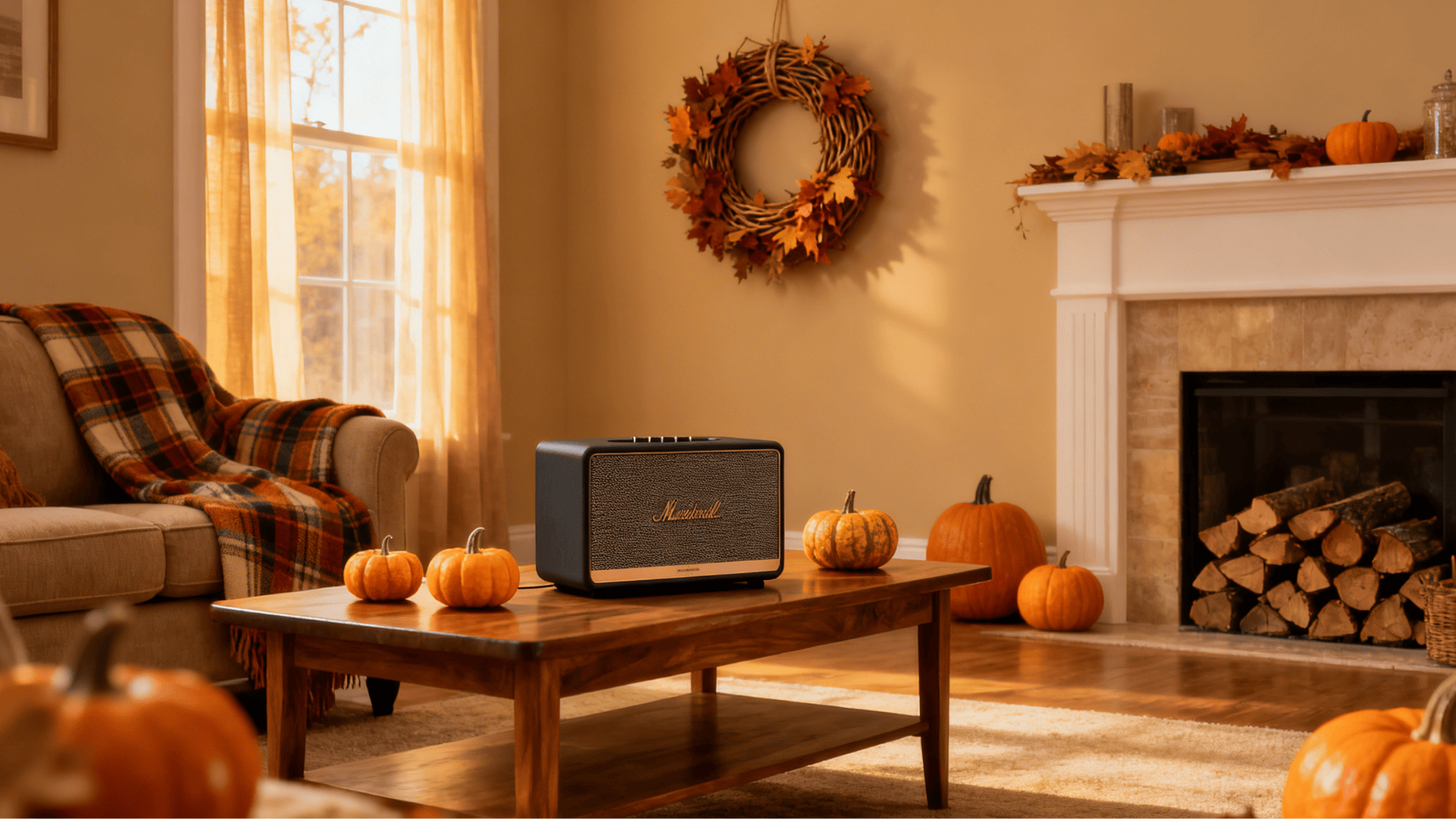 cozy living room with pumpkins, fireplace, and speaker on table, creating a warm and festive thanksgiving atmosphere