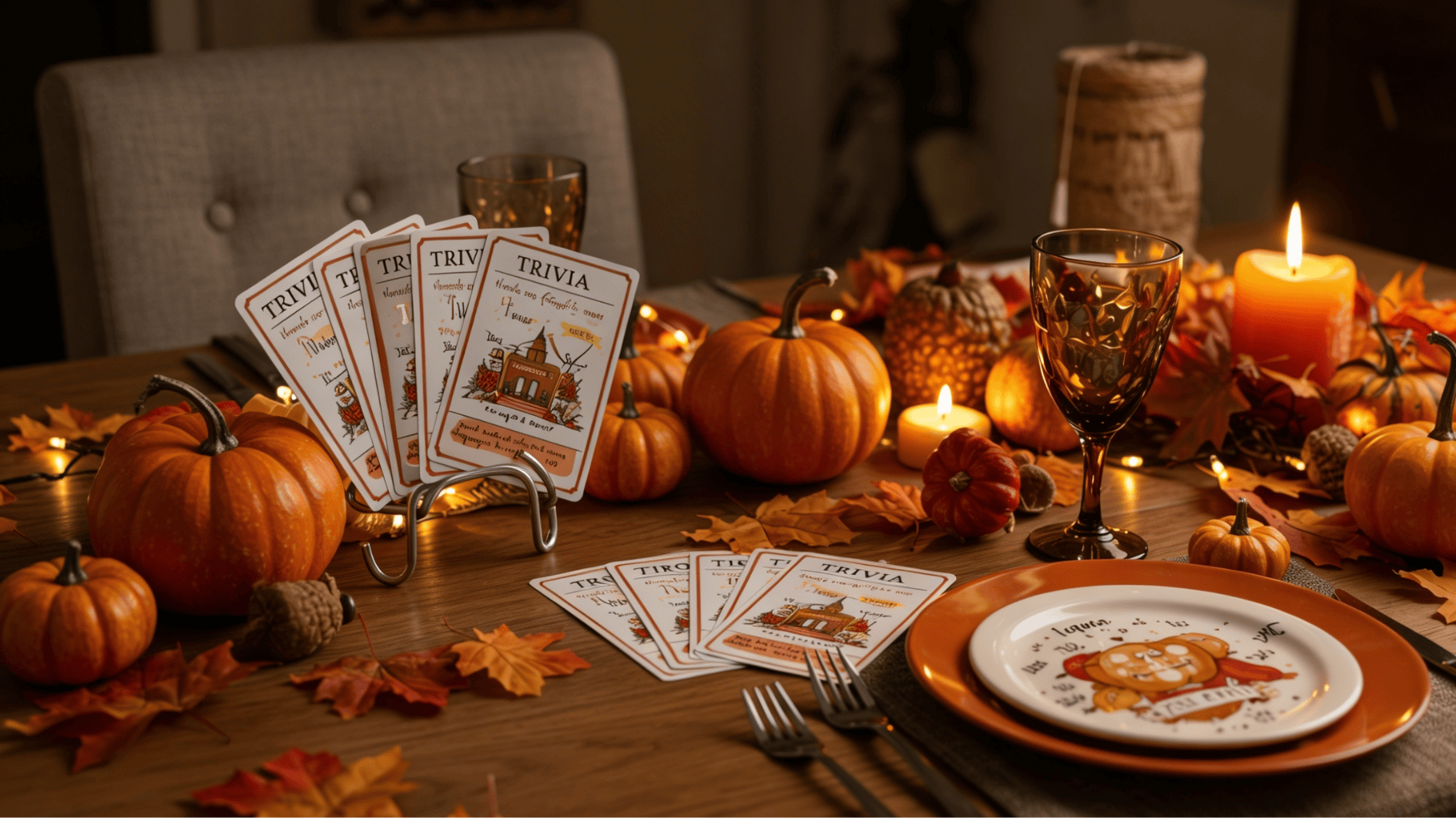 cozy thanksgiving table with pumpkins, candles, autumn leaves, and trivia cards set for a festive holiday gathering