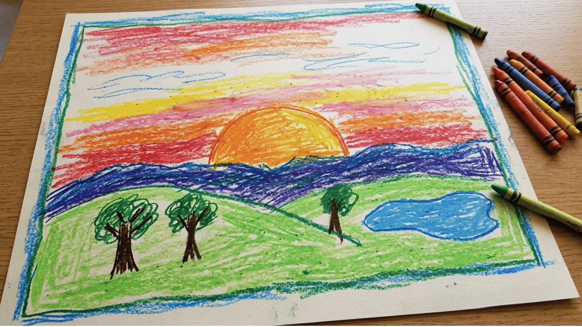 crayon sunset landscape drawing with trees, hills, and bright sky.