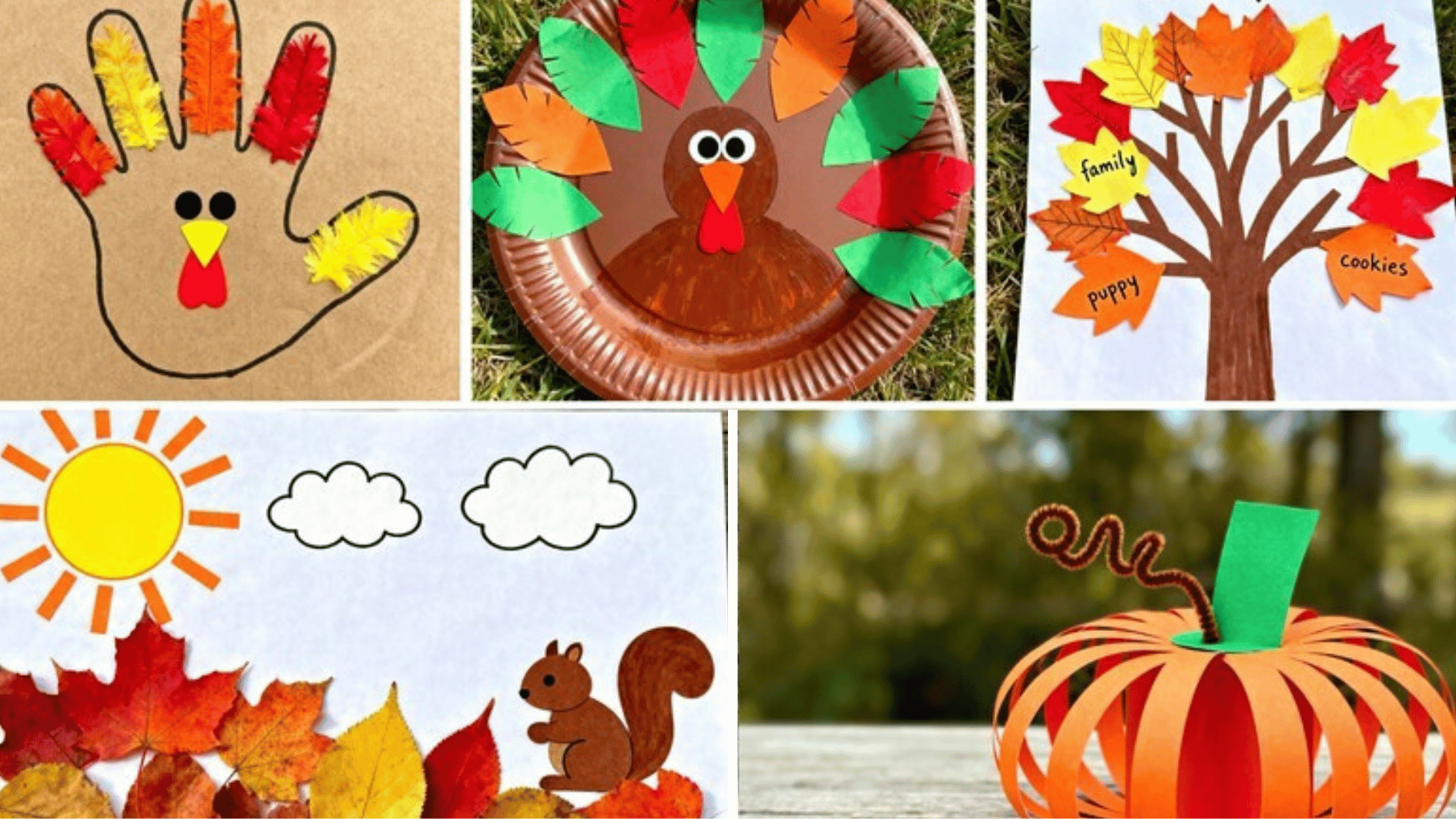 creative fall crafts with handprint turkeys, paper leaves, and pumpkin art ideas for kids using colorful seasonal materials