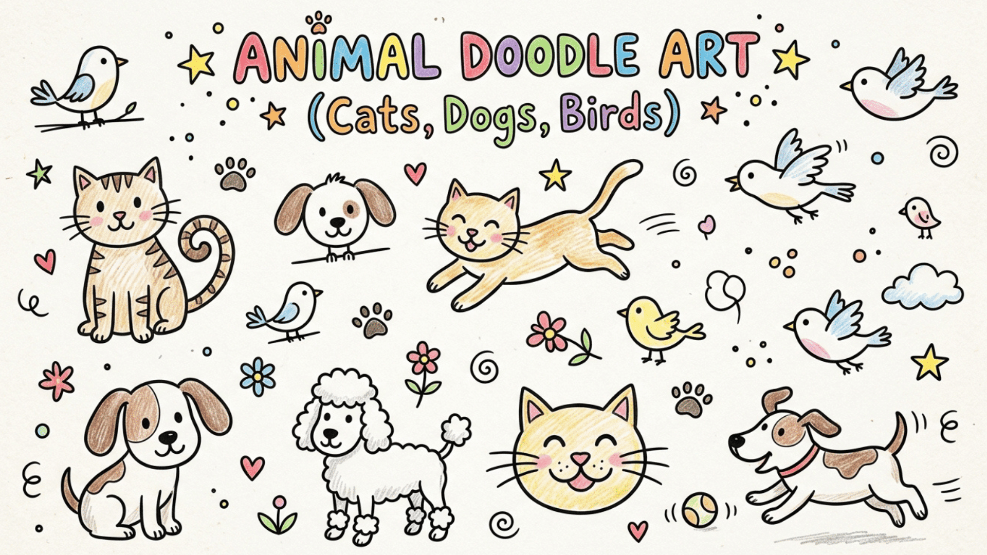 cute animal doodle art with cats, dogs, and birds drawn on paper.