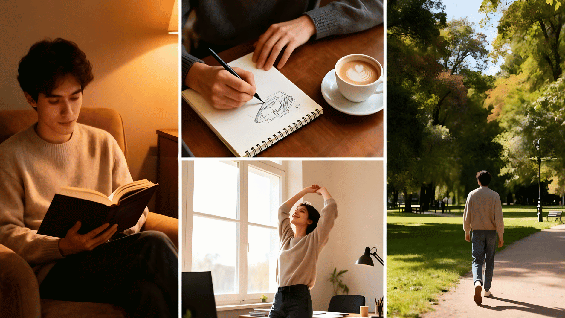 daily routine collage showing reading, journaling, stretching, and walking outdoors, promoting healthy habits and balanced lifestyle