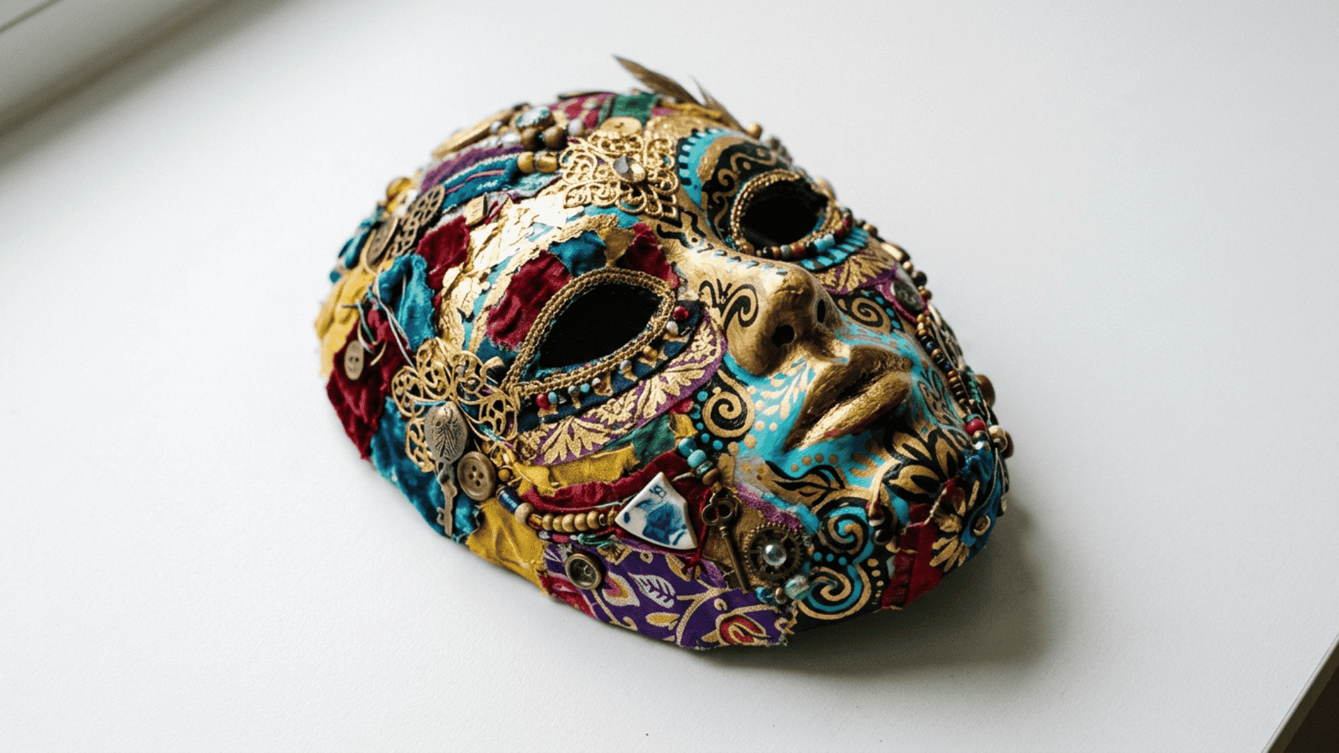 decorative mixed material mask with gold foil fabric scraps and painted patterns placed on a plain white surface