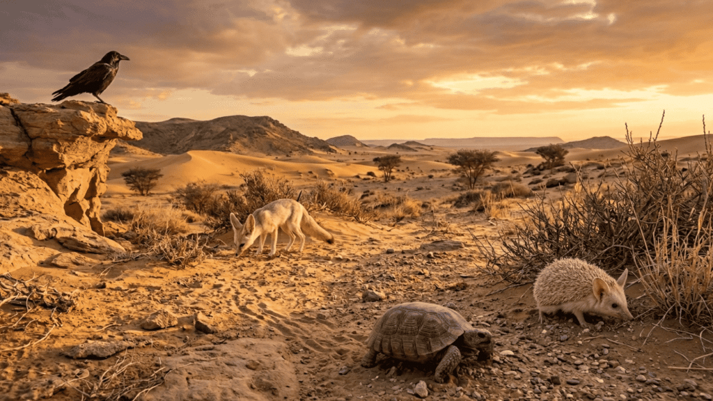desert animals including fox, tortoise, hedgehog, and bird in sandy landscape at sunset