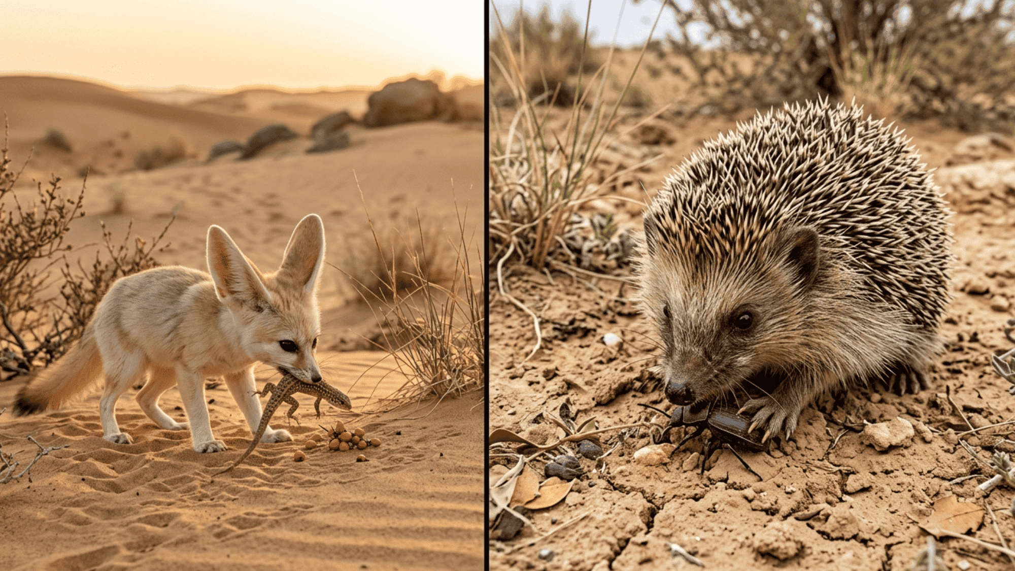 desert fox catching prey and hedgehog feeding on insect in arid environment