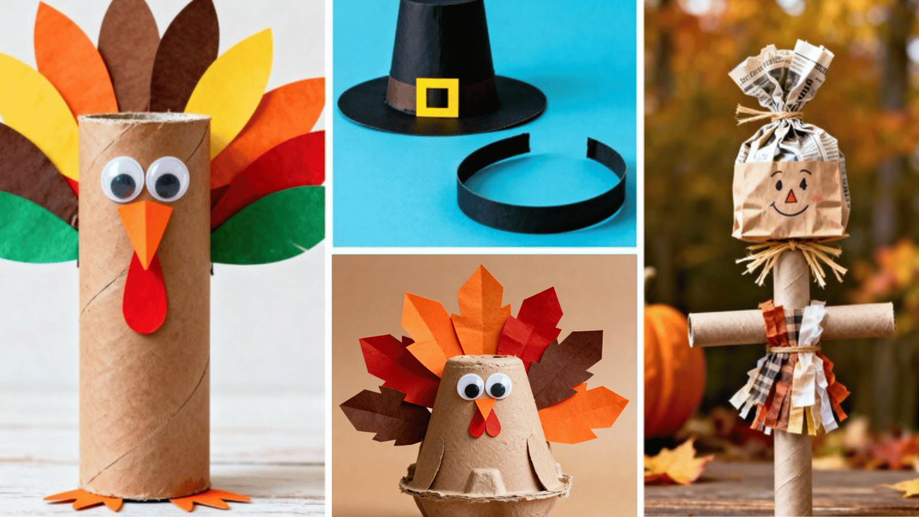 diy Thanksgiving crafts including paper turkey, pilgrim hat, and scarecrow made from simple materials for fun fall projects