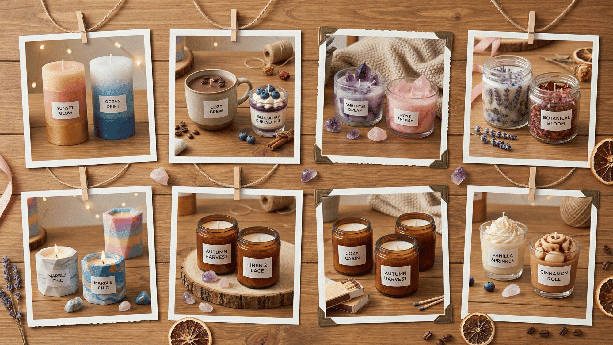 diy candle making setup with jars, wax, fragrance oils and lit candles arranged on a cozy wooden table in soft lighting