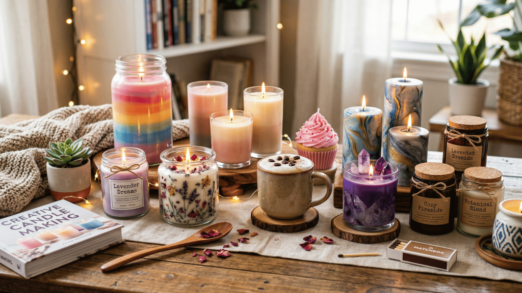 diy candle on table inclduing jars, wax, fragrance oils and soft lighting