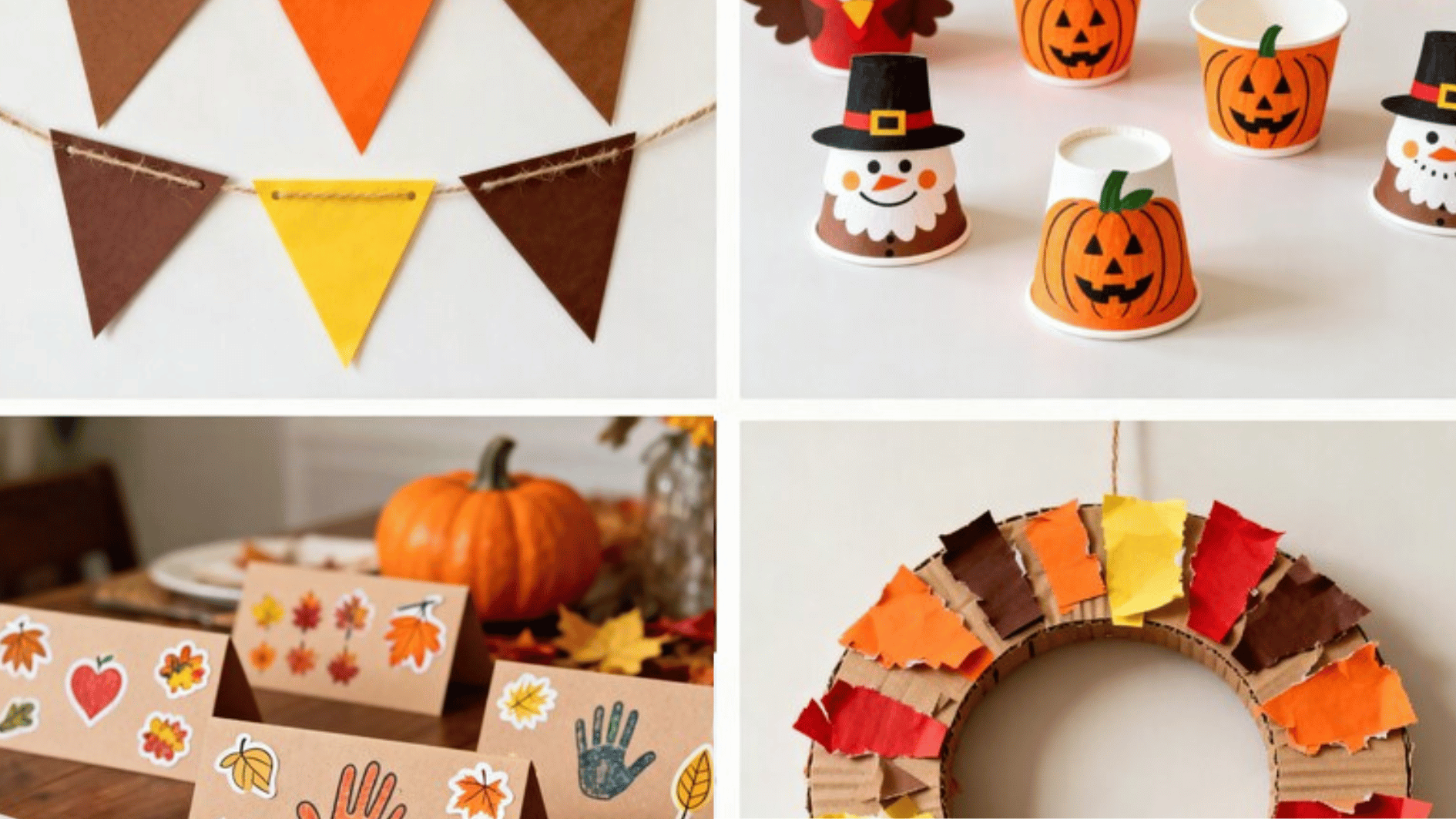 diy fall decorations including paper garlands, wreaths, and festive table crafts in warm autumn colors for home decor