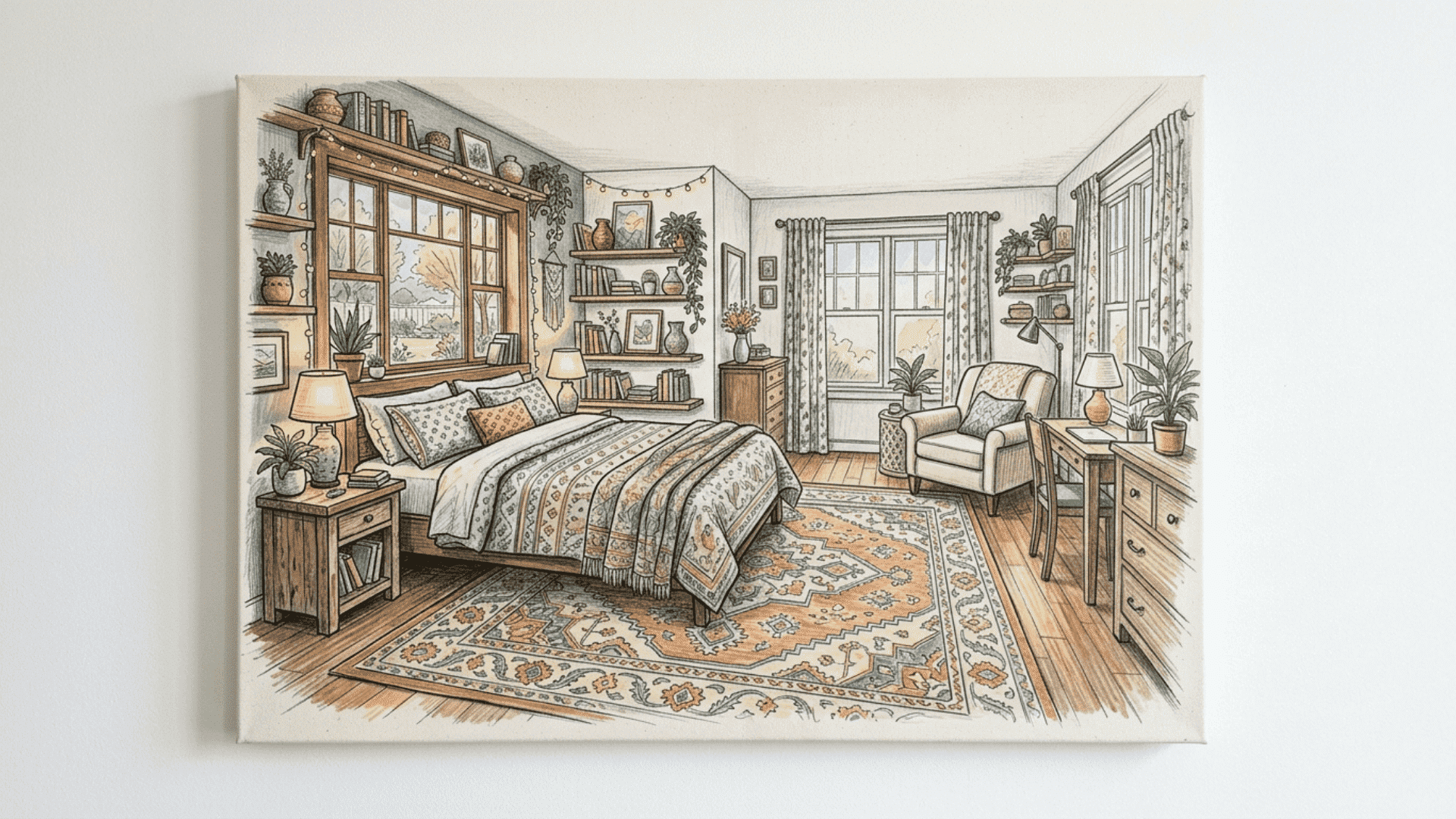 dream room interior drawing on a front facing canvas in pencil and marker showing furniture shelves and windows