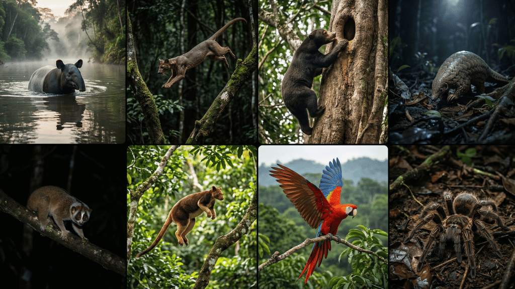eight panel collage of rainforest animals in action including tapir, fossa, sun bear, pangolin, slow loris, tree kangaroo, scarlet macaw, and Goliath spider in tropical jungle setting