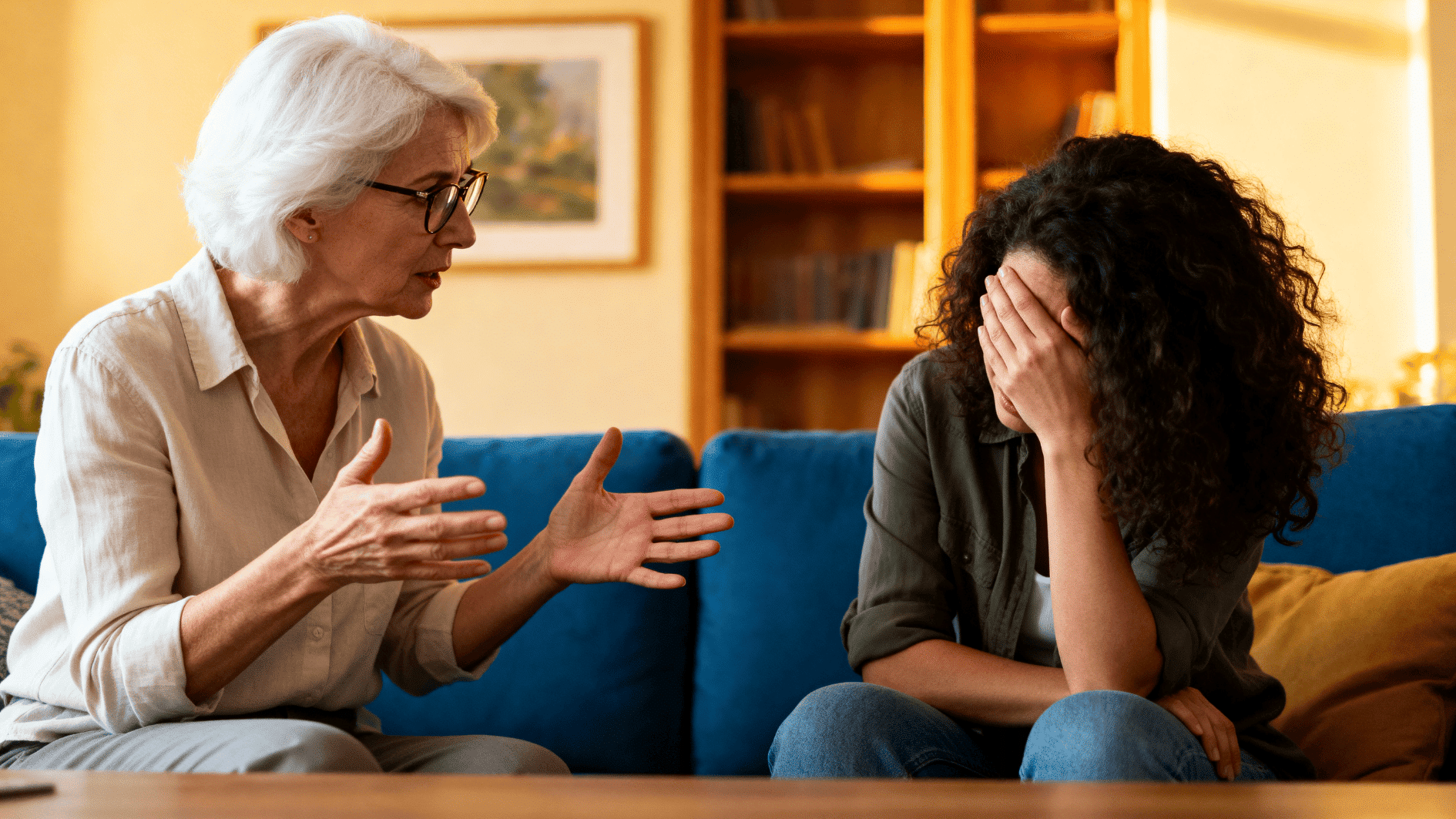 elderly woman gestures while talking as younger woman looks distressed, highlighting communication struggles and emotional boundaries