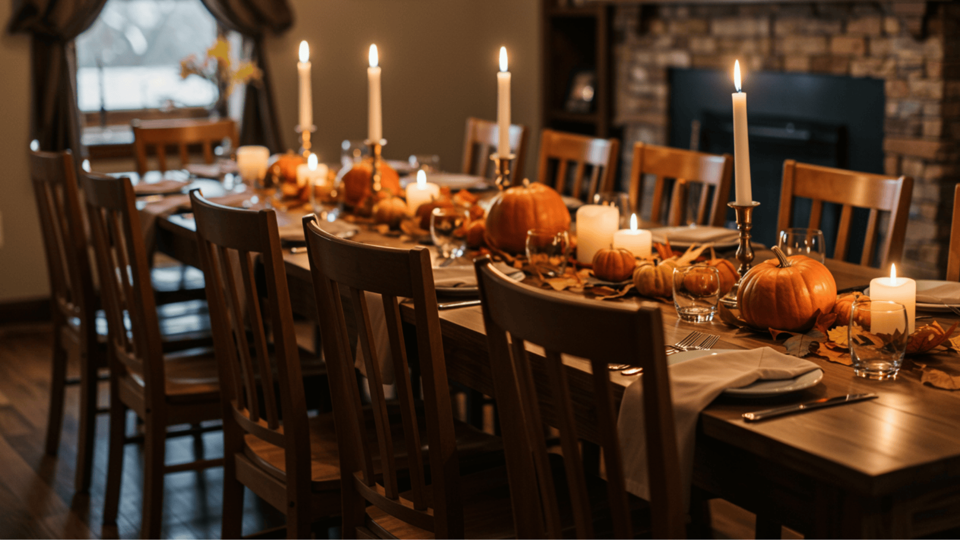 elegant thanksgiving dining table with candles, pumpkins, and place settings ready for a warm holiday dinner gathering
