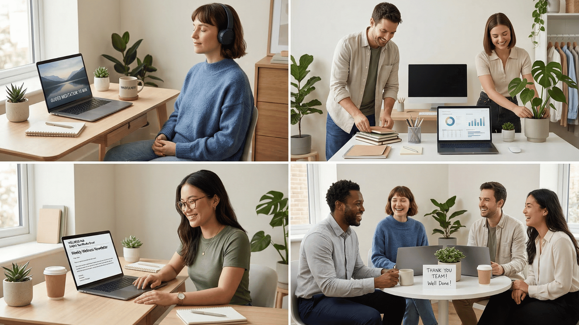 employees practicing workplace mental health activities like meditation, desk organizing, and team support