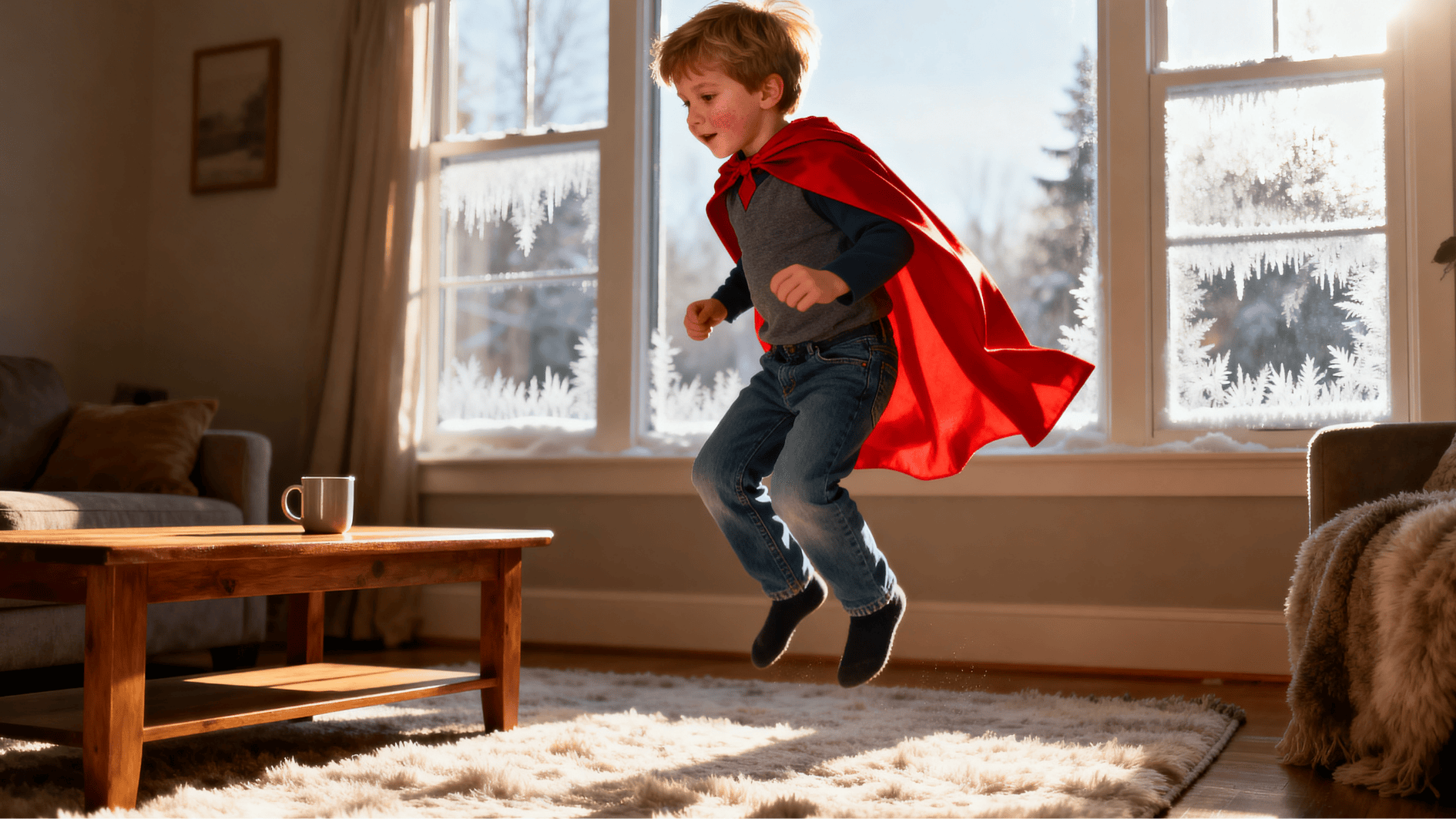 energetic child jumping indoors wearing red cape, showing sensory seeking behavior and active play at home
