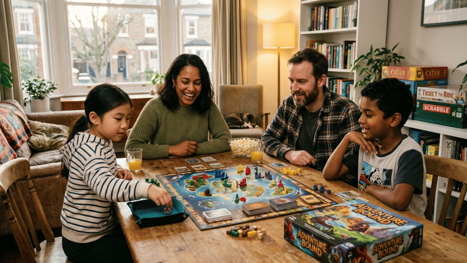 family playing a board game together at a table.