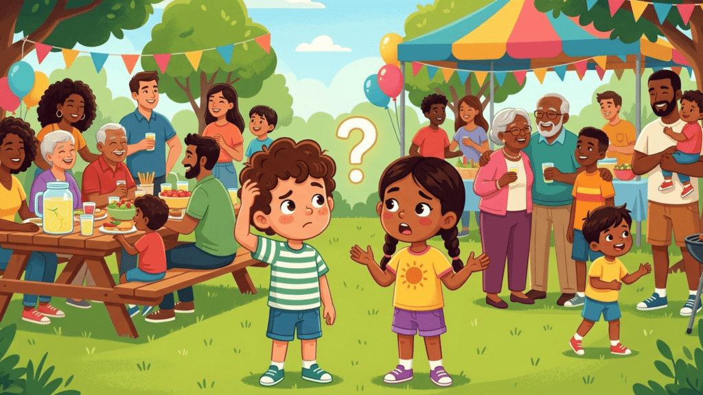 family reunion picnic with diverse relatives eating, talking, and children looking confused in foreground